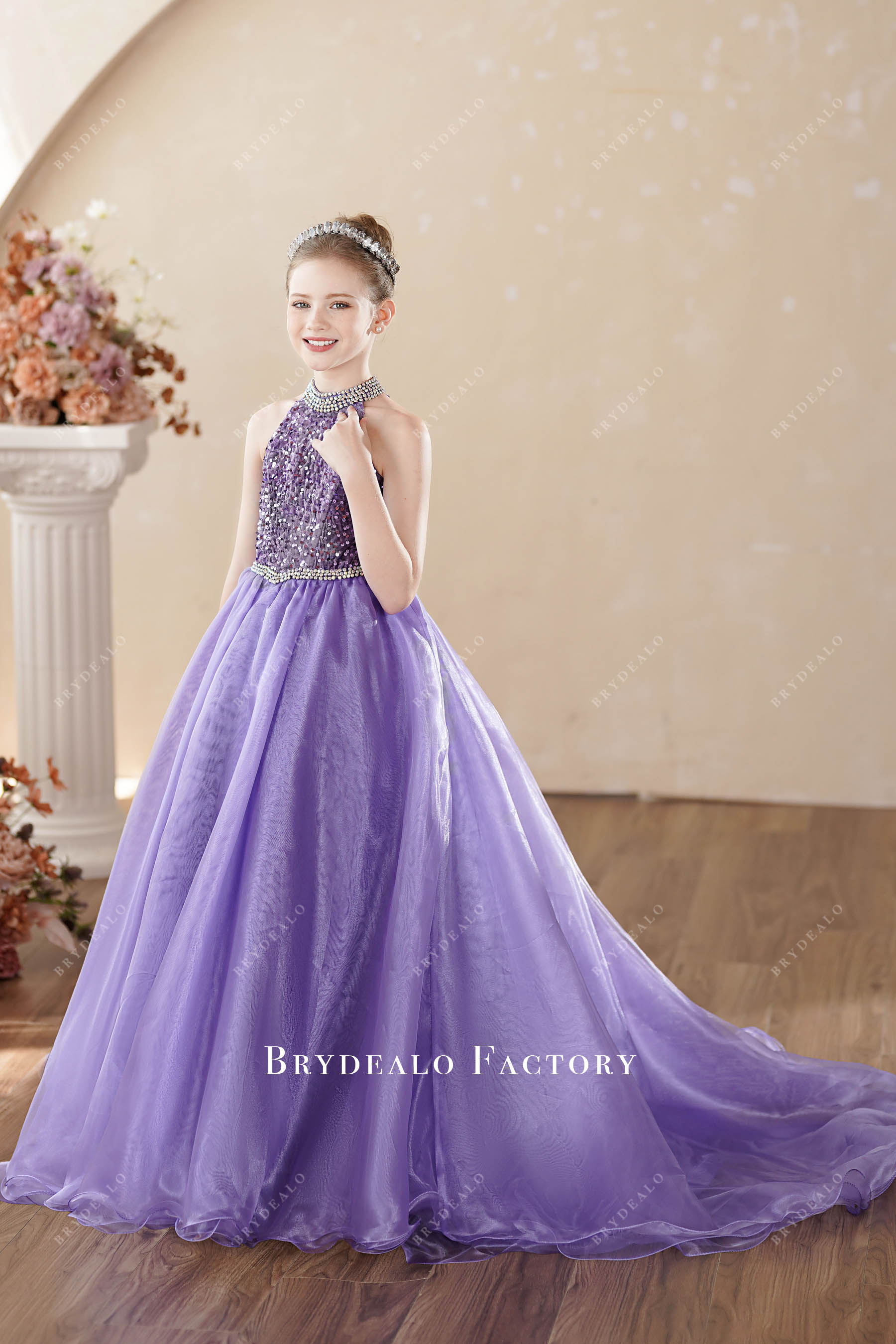 popular shimmer velvet long young girl pageant dress