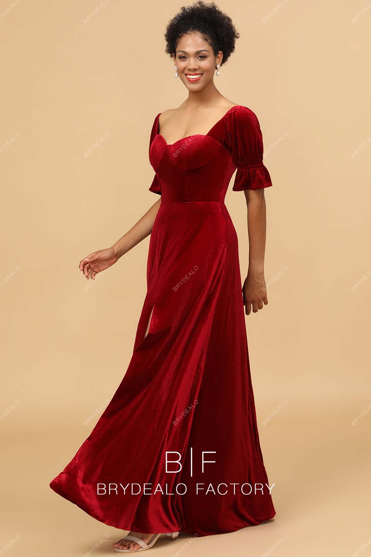 ruby velvet long bridesmaid dress