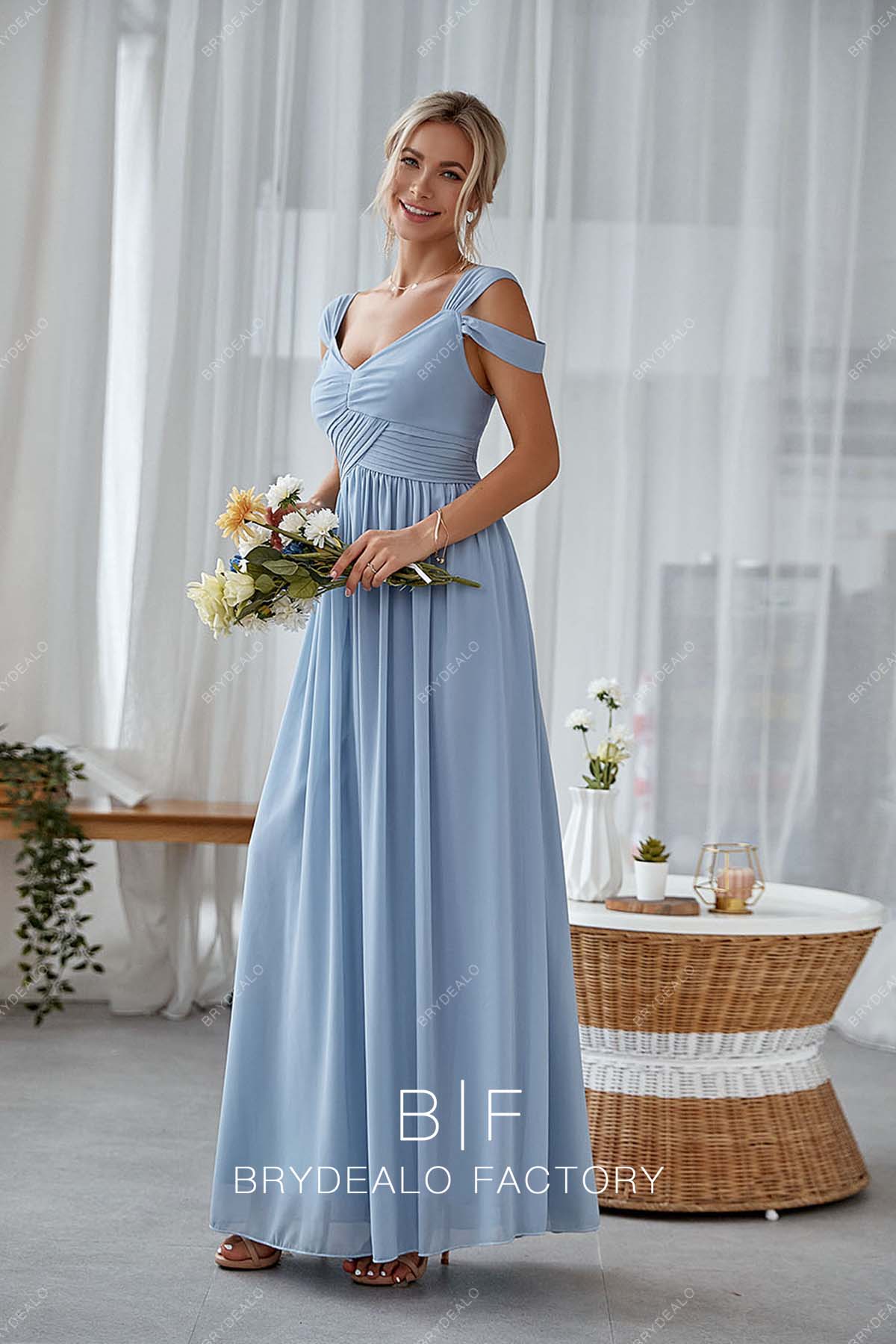 Dusty Blue Chiffon Cold Shoulder Long A-line Dress