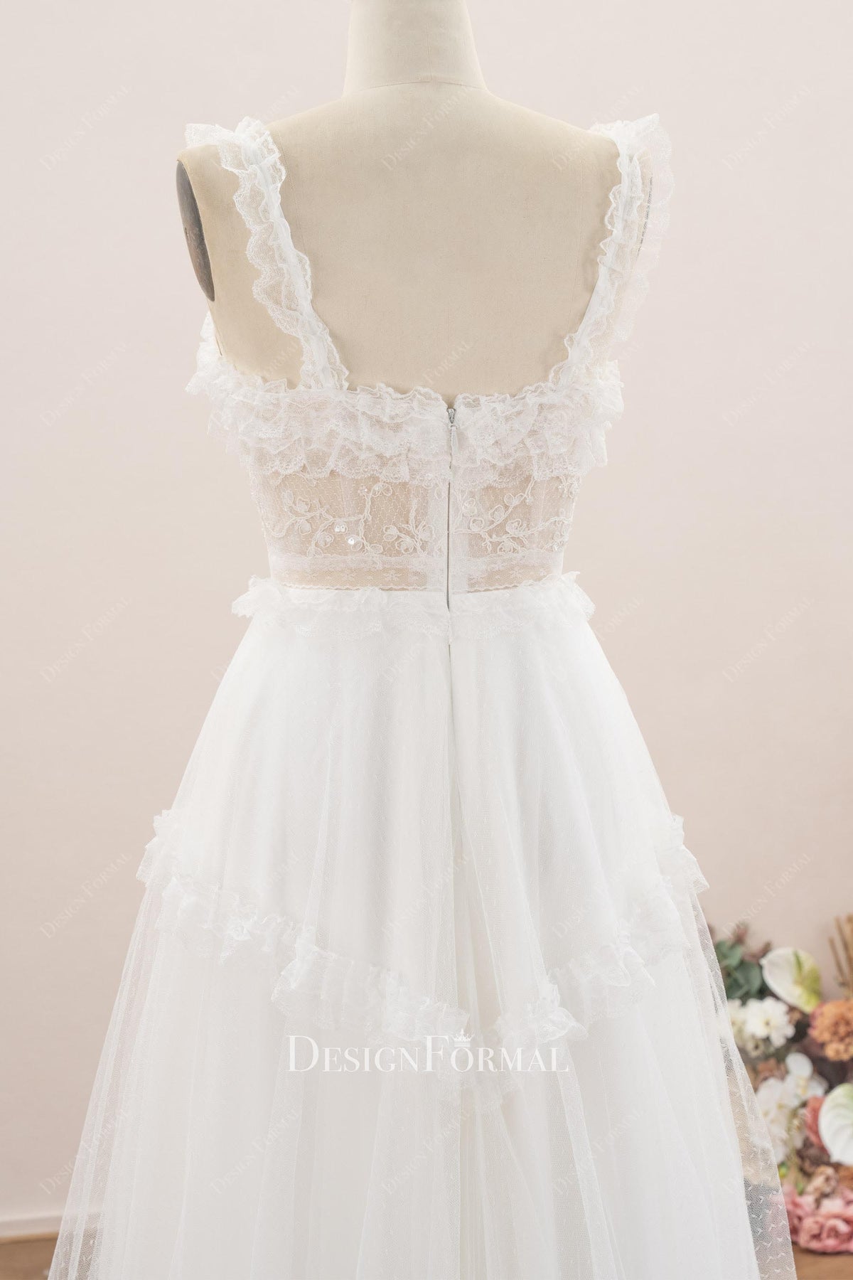ruffle straps open back wedding dress
