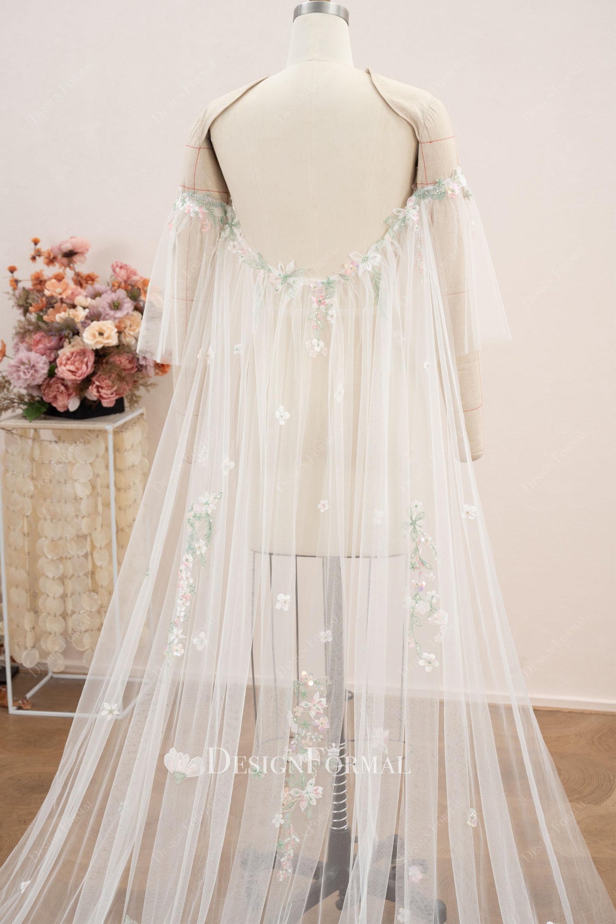 ruffled sleeve lace applique bridal dress