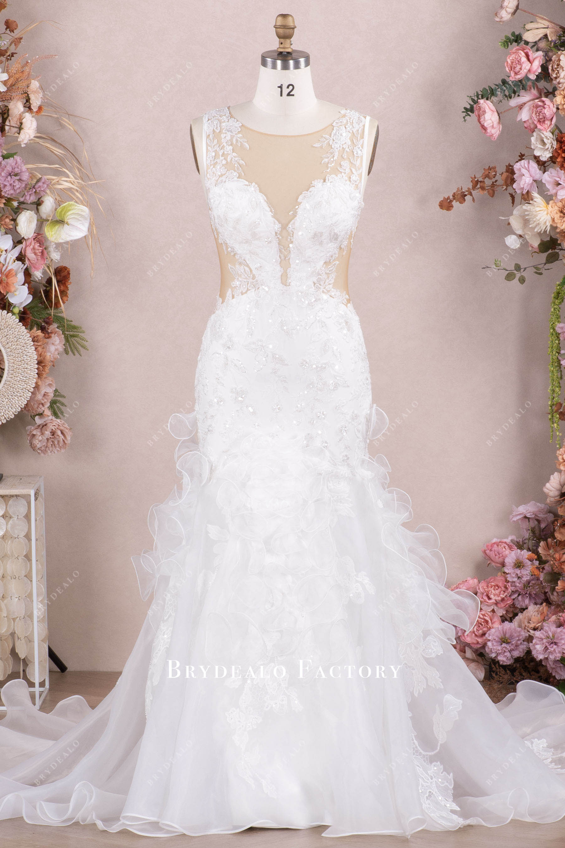 Ruffle Mermaid Lace Organza Spring Wedding Gown 