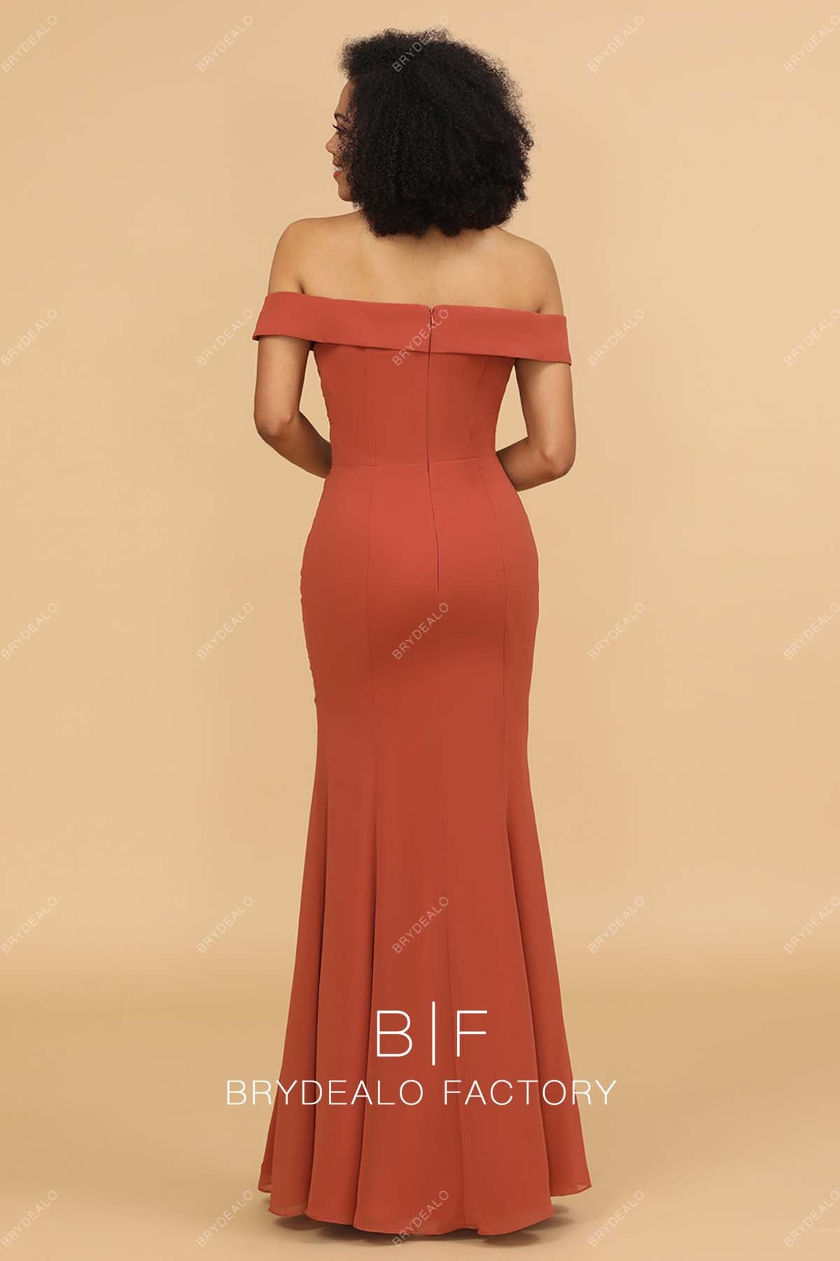 rusty floor length fit and flare bridesmaid dress