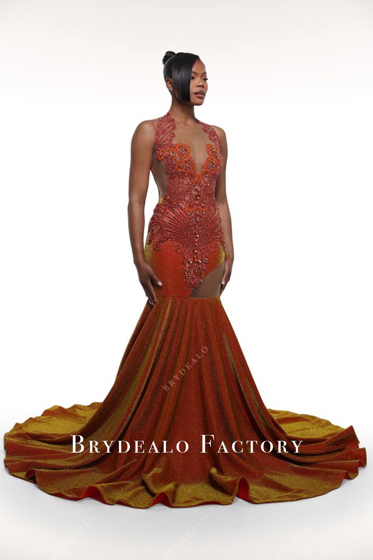 rusty illusion plunging neck prom dress