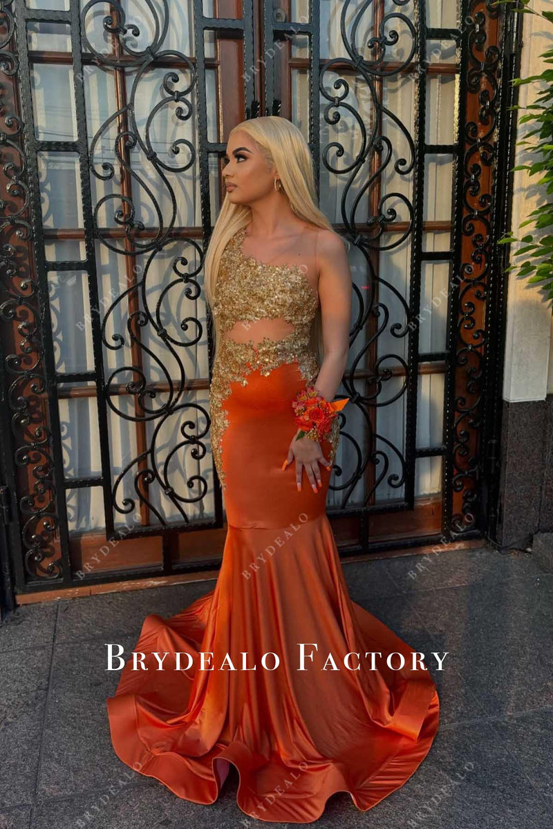 Rhinestones Sleeveless Halter Orange Trumpet Prom Dress
