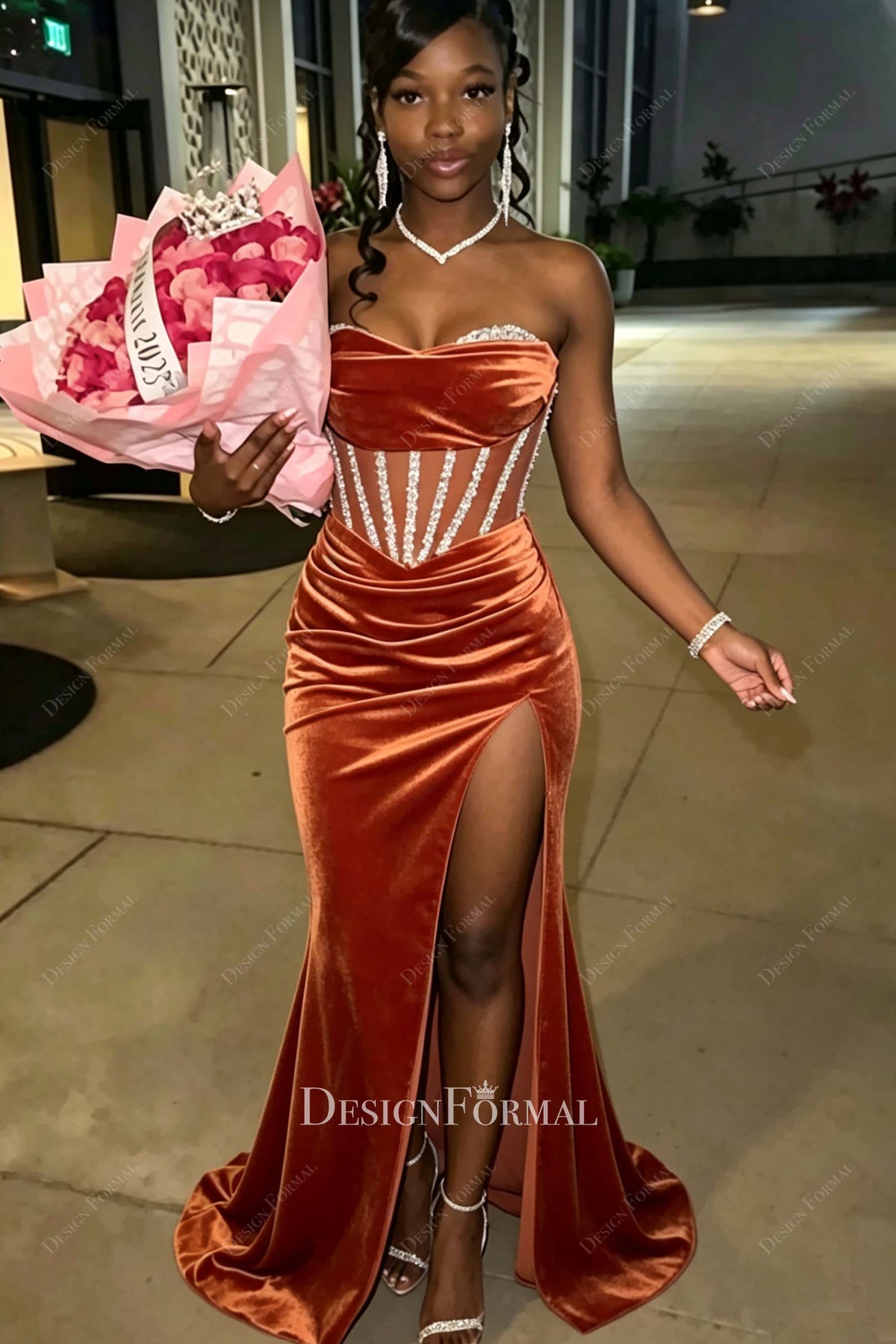 Custom Beading Illusion Corset Maxi Prom Dress