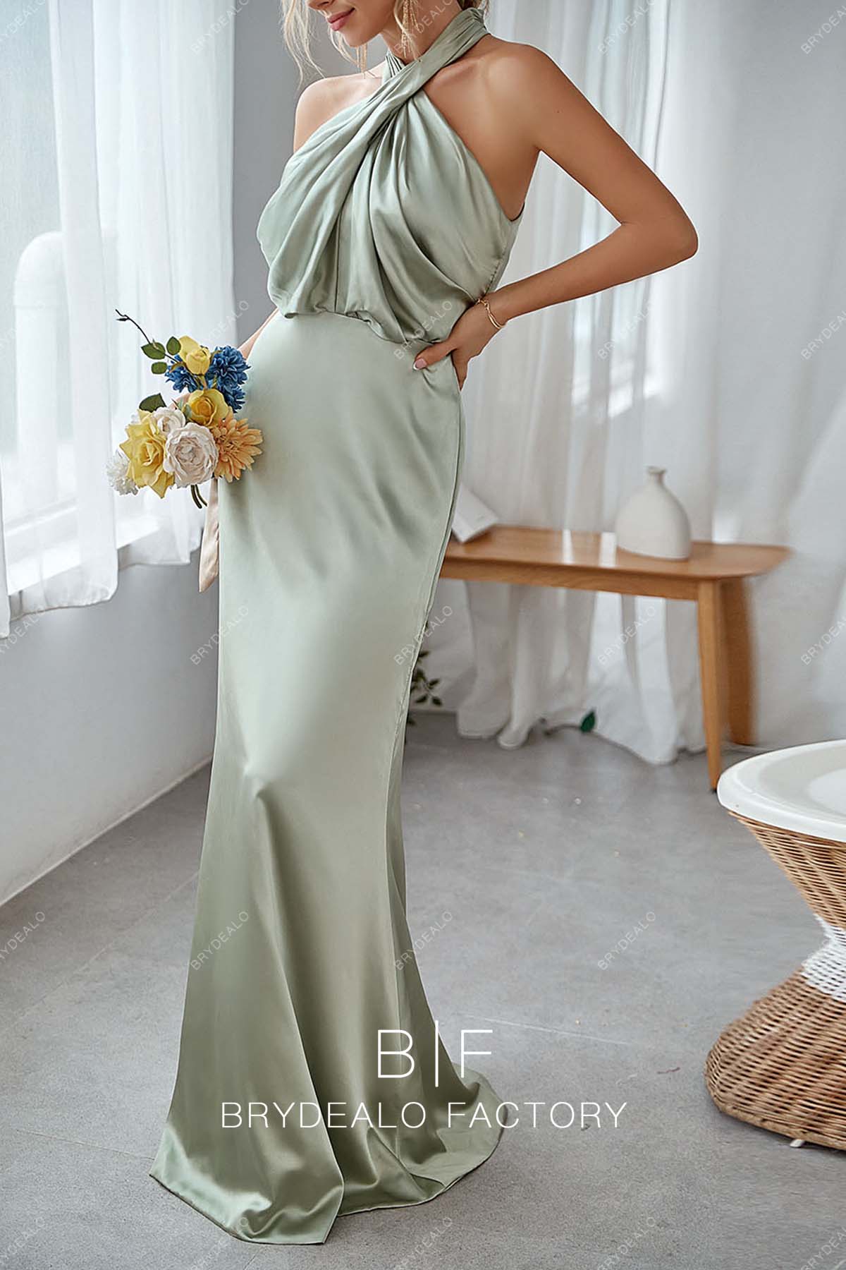 Sage Charmeuse Halter Neck Sleeveless Mermaid Bridesmaid Prom Dress