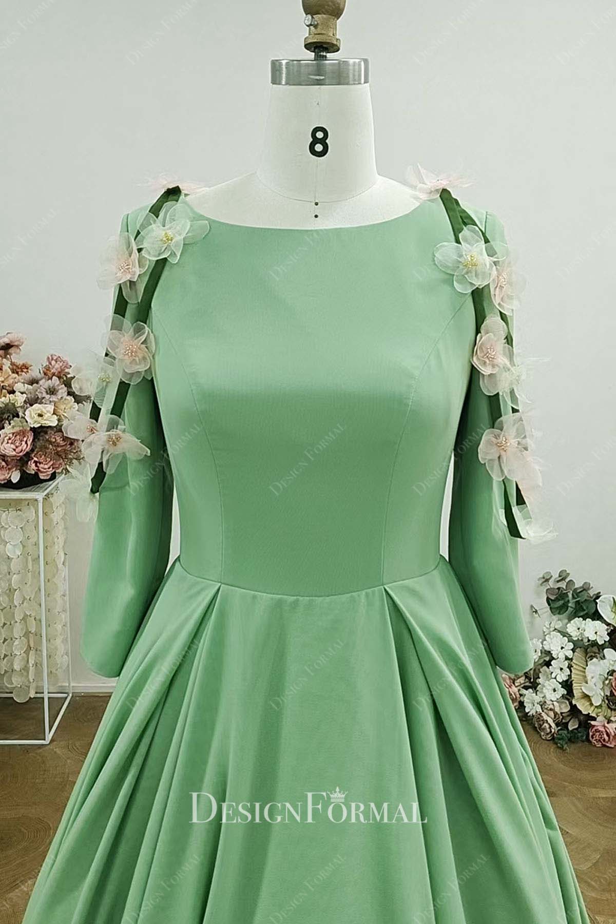 sage green chiffon boat neck bridesmaid dress