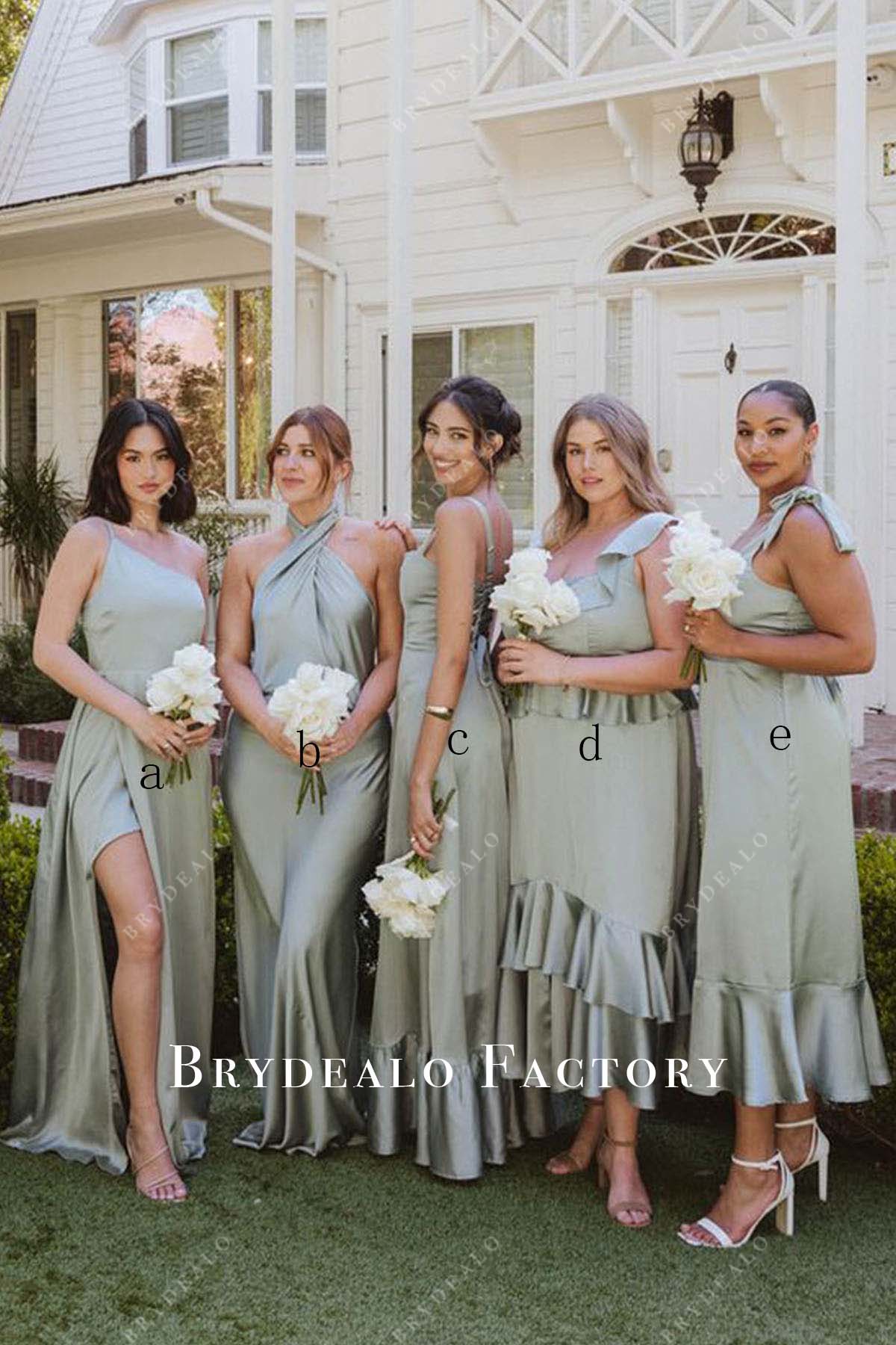 sage charmeuse mismatched bridesmaid dresses