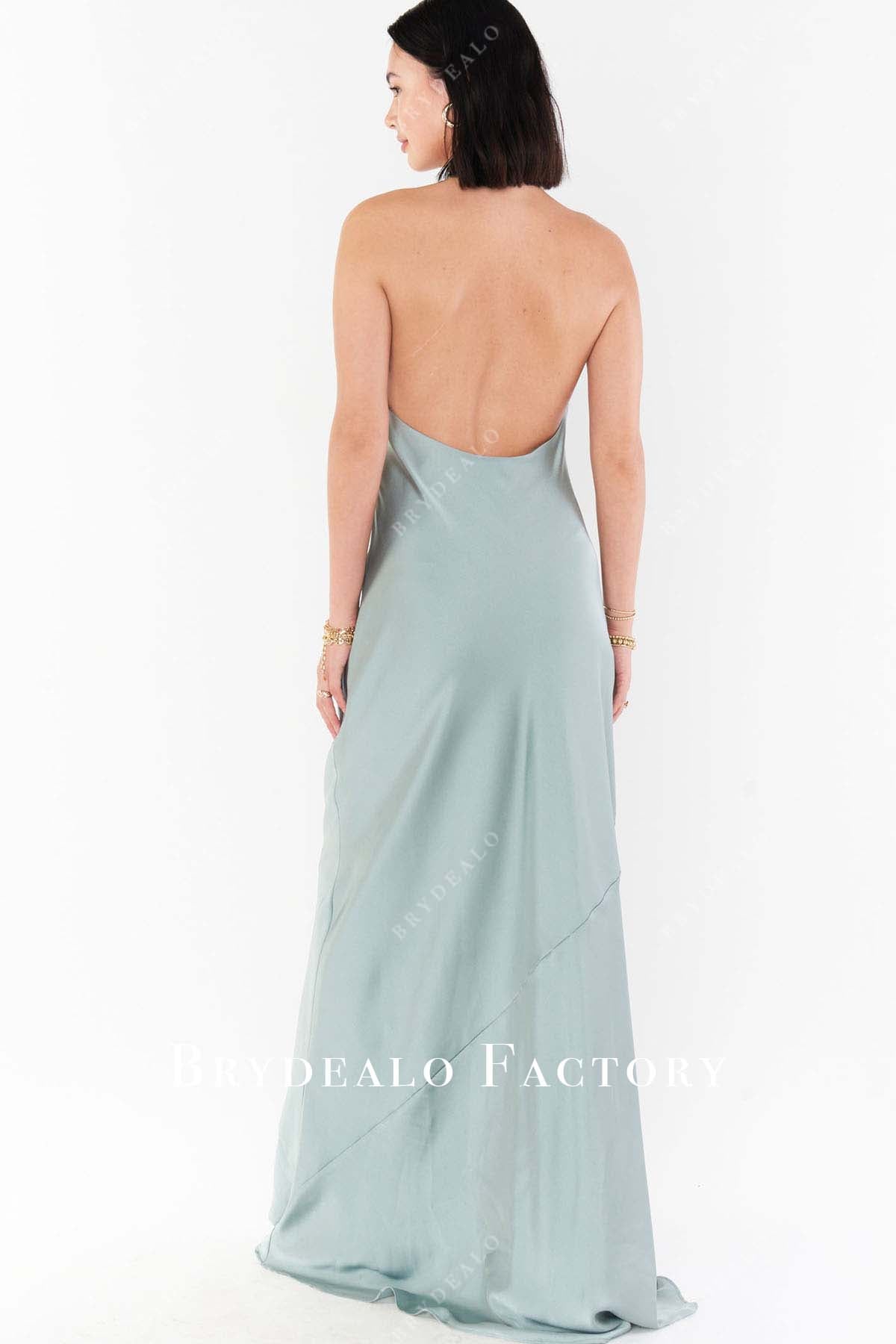 sage open back floor length bridesmaid dress