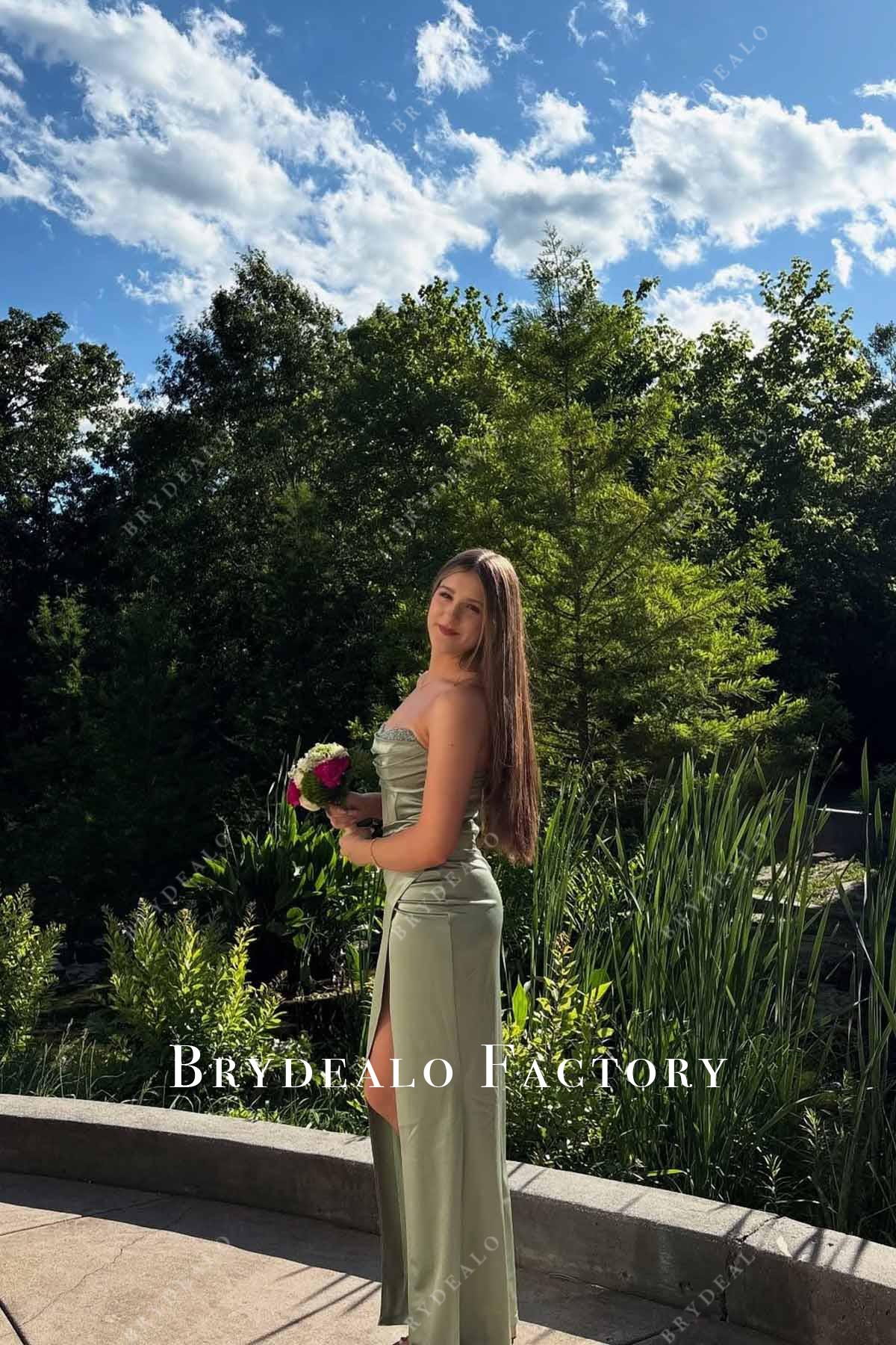 sage slit prom dress