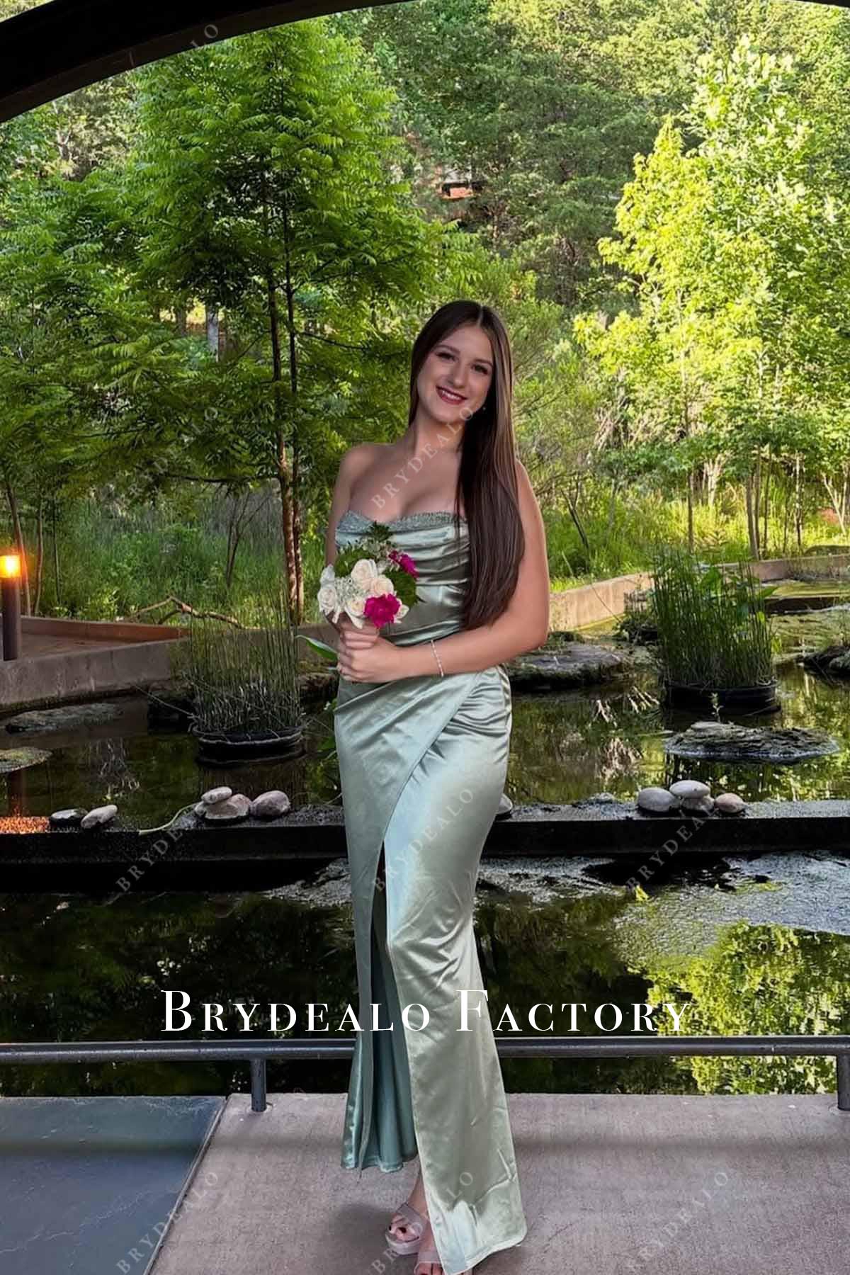 sage strapless prom dress