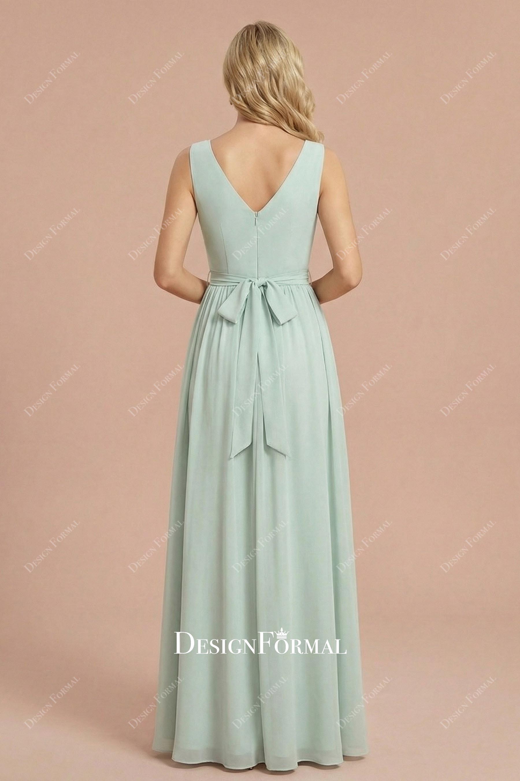 sage v-cut back floor length formal dress