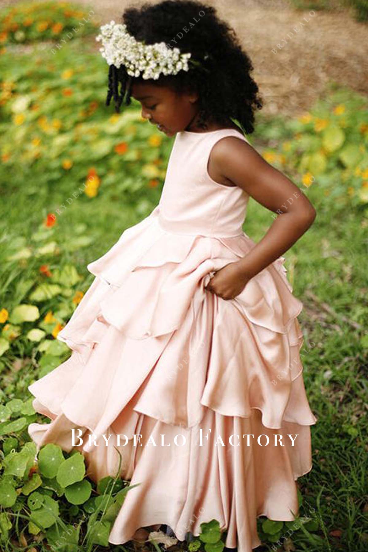 pink satin pretty flower girl dress