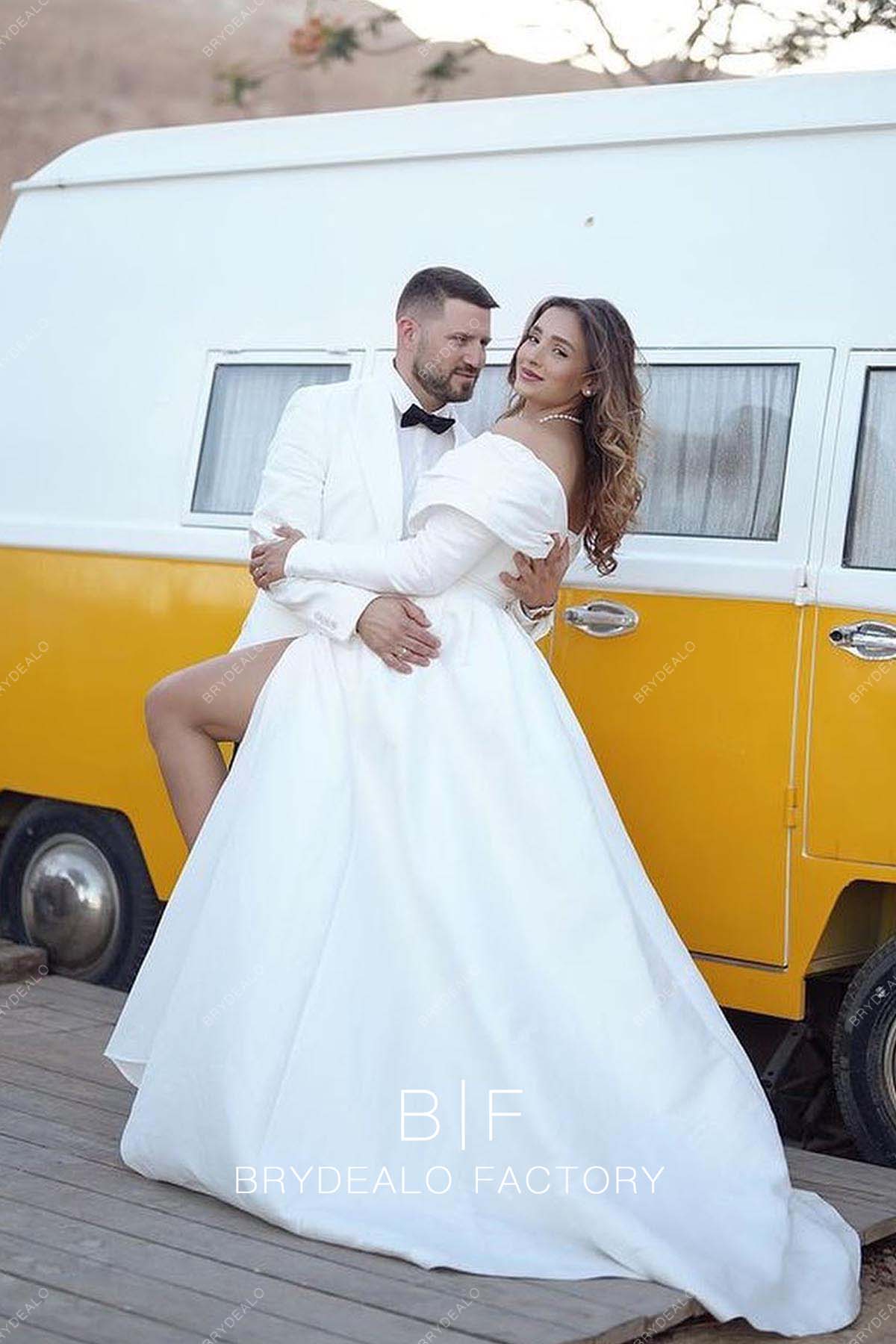 satin off shoulder A-line long Elopement Wedding Dress 