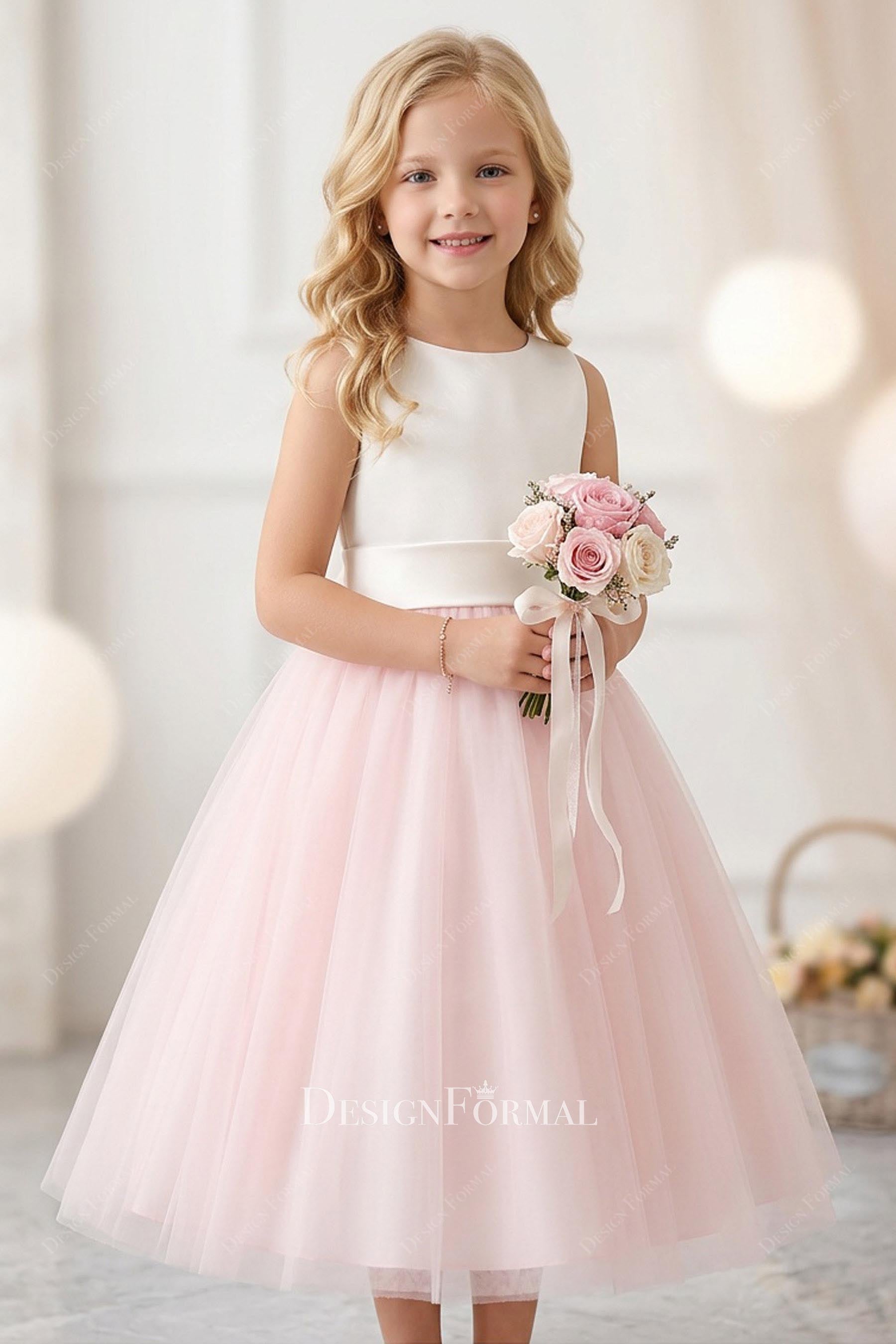 satin tulle tea length flower girl dress
