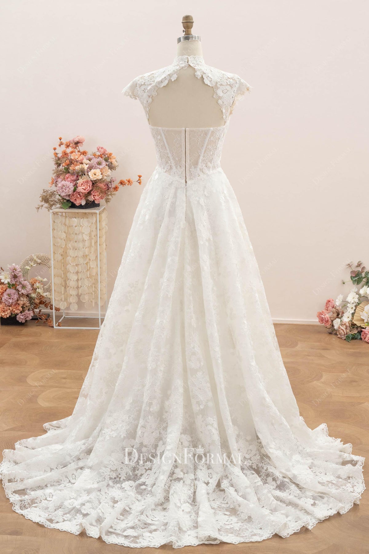 Royal Corded Floral Lace Basque Waist Corset Wedding Dress