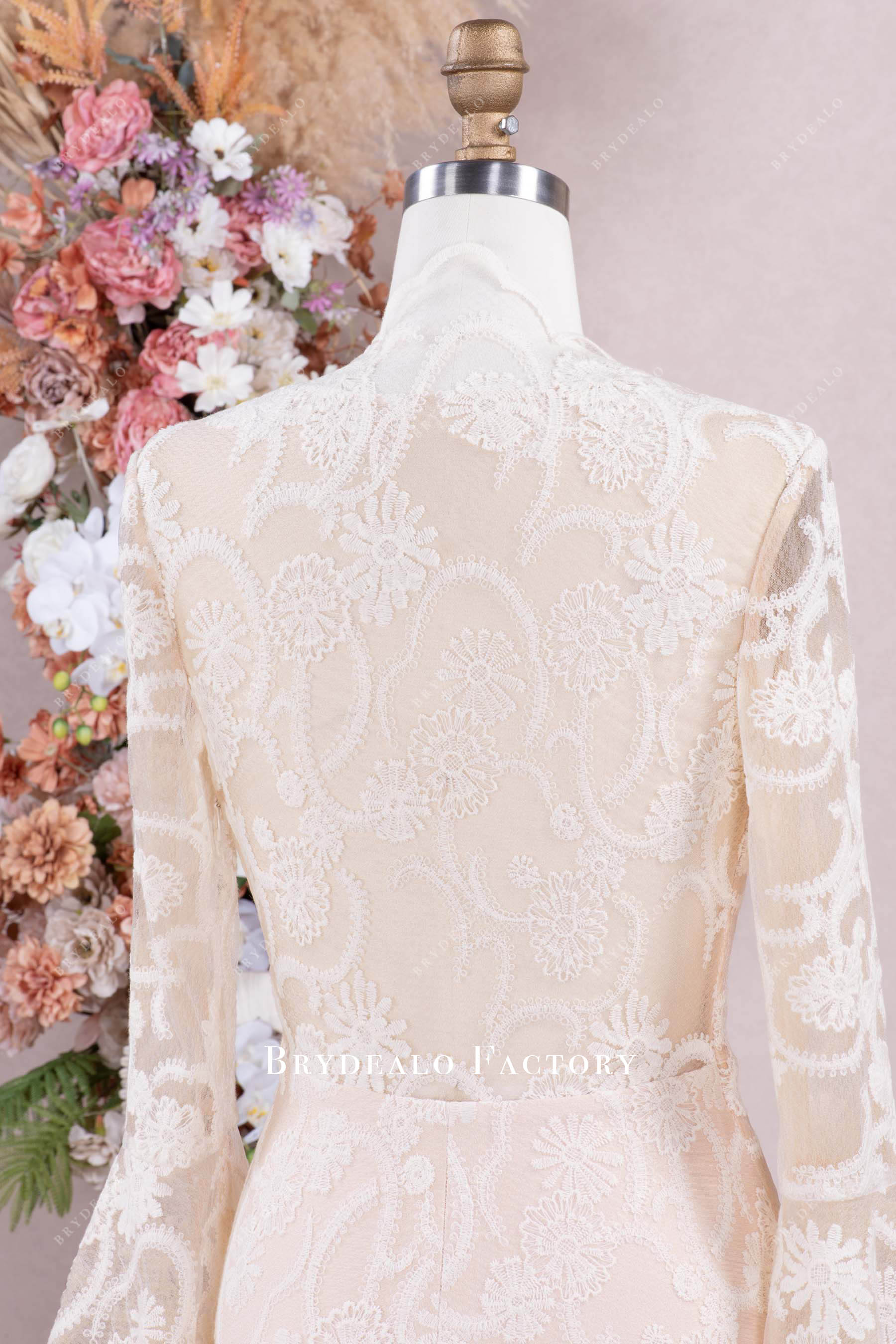 Champagne Lace Bell Sleeves After-Party Wedding Dress