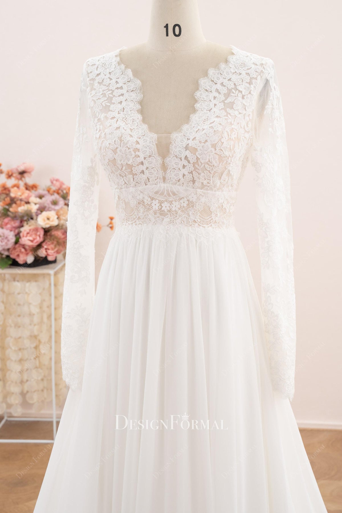scalloped plunging neck bridal dress