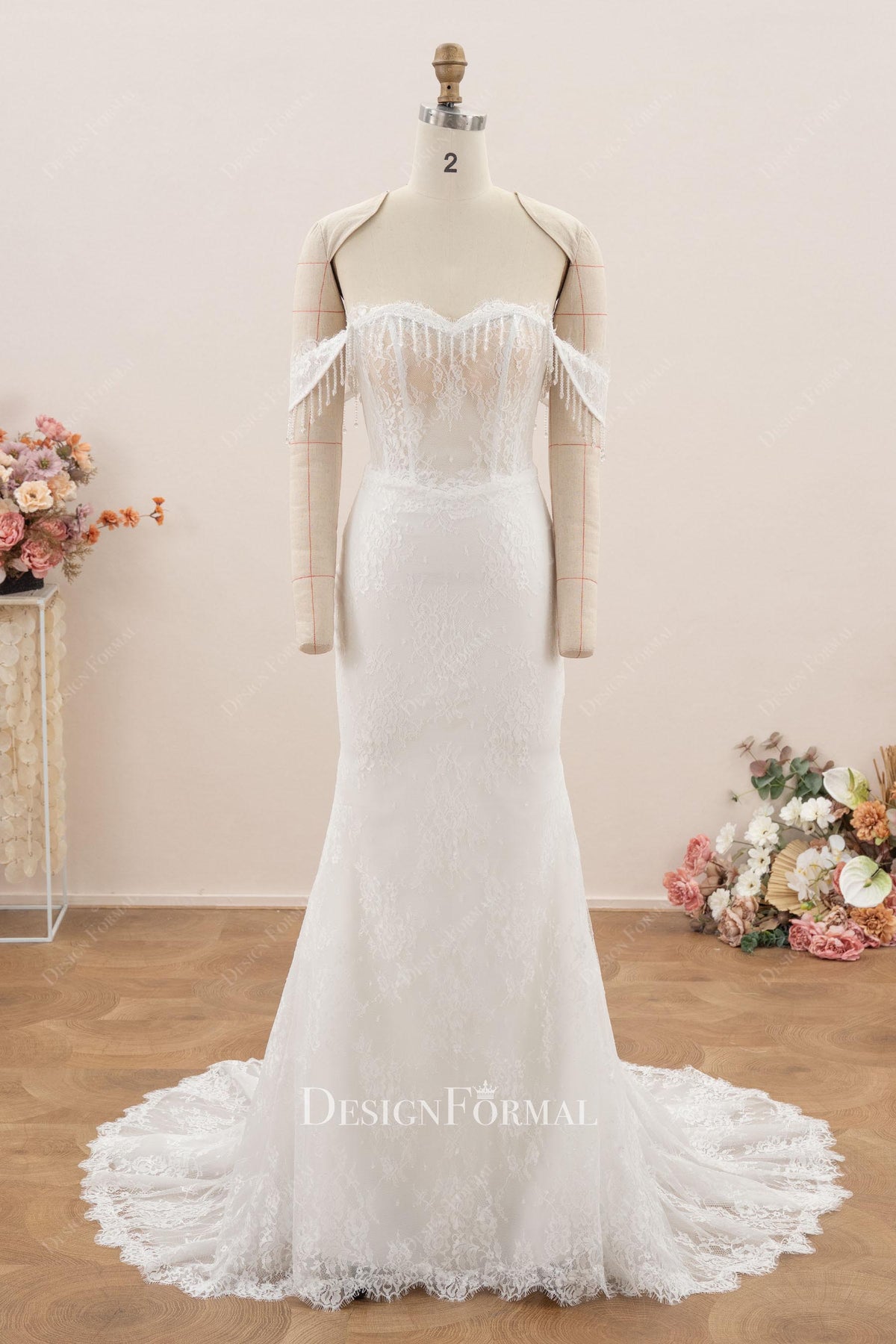 scalloped sweetheart fit flare wedding dress