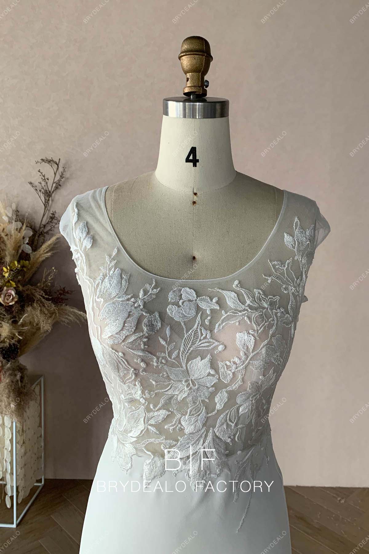 scoop neck custom lace boho bridal gown