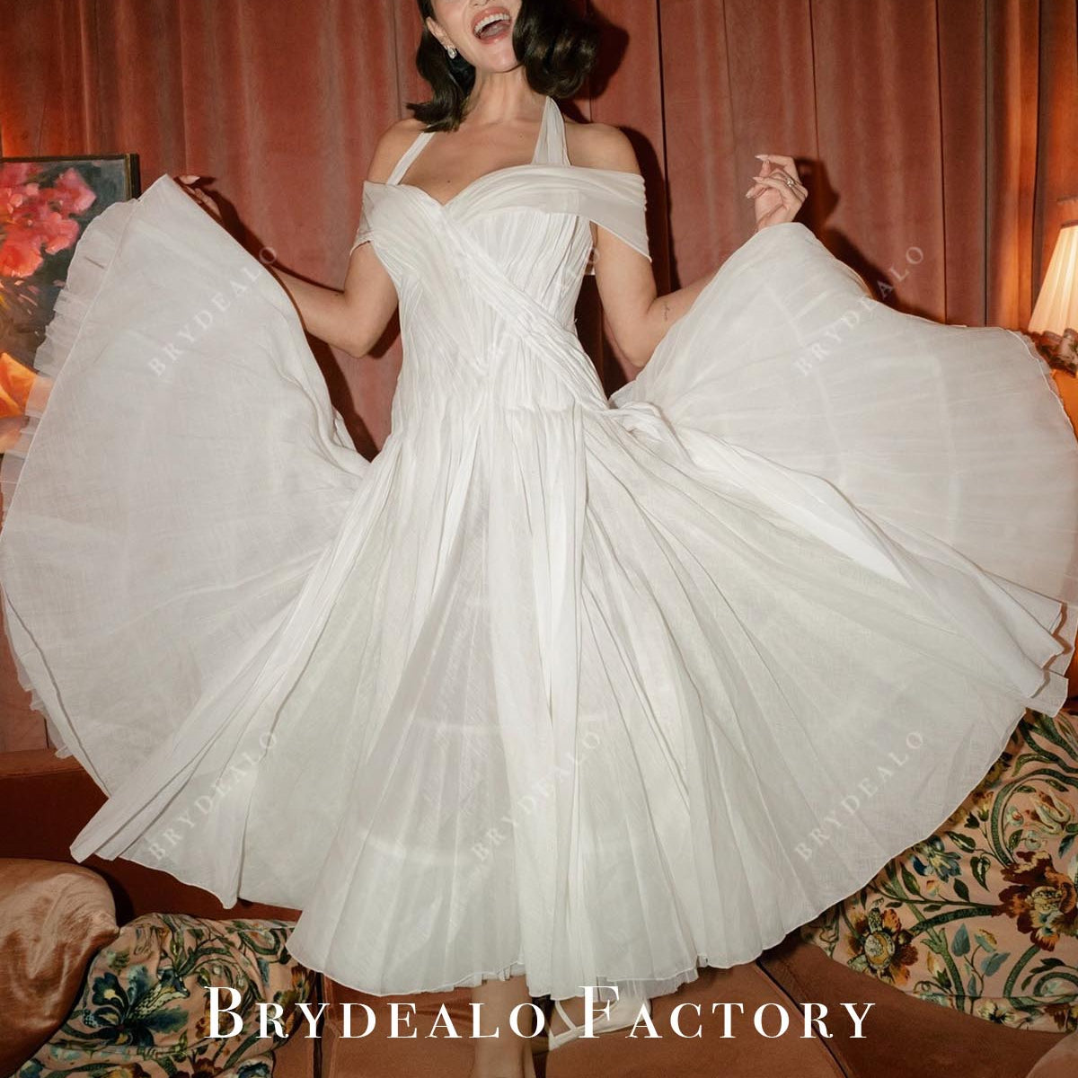Selena Gomez White Tea-Length Vintage 60s Wedding Party Dress