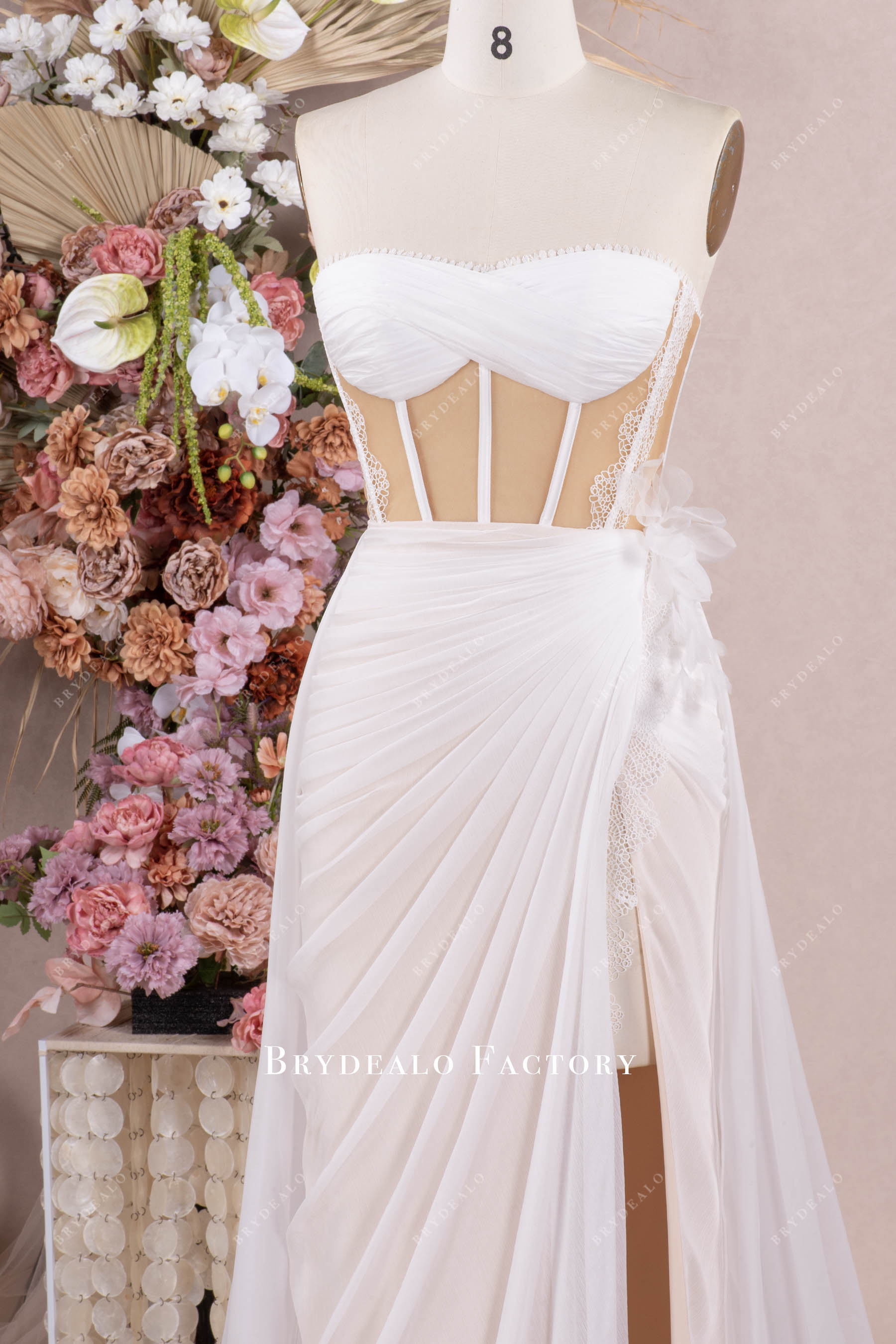 Strapless Illusion Corset Slit Chiffon 2 In 1 Beach Wedding Dress