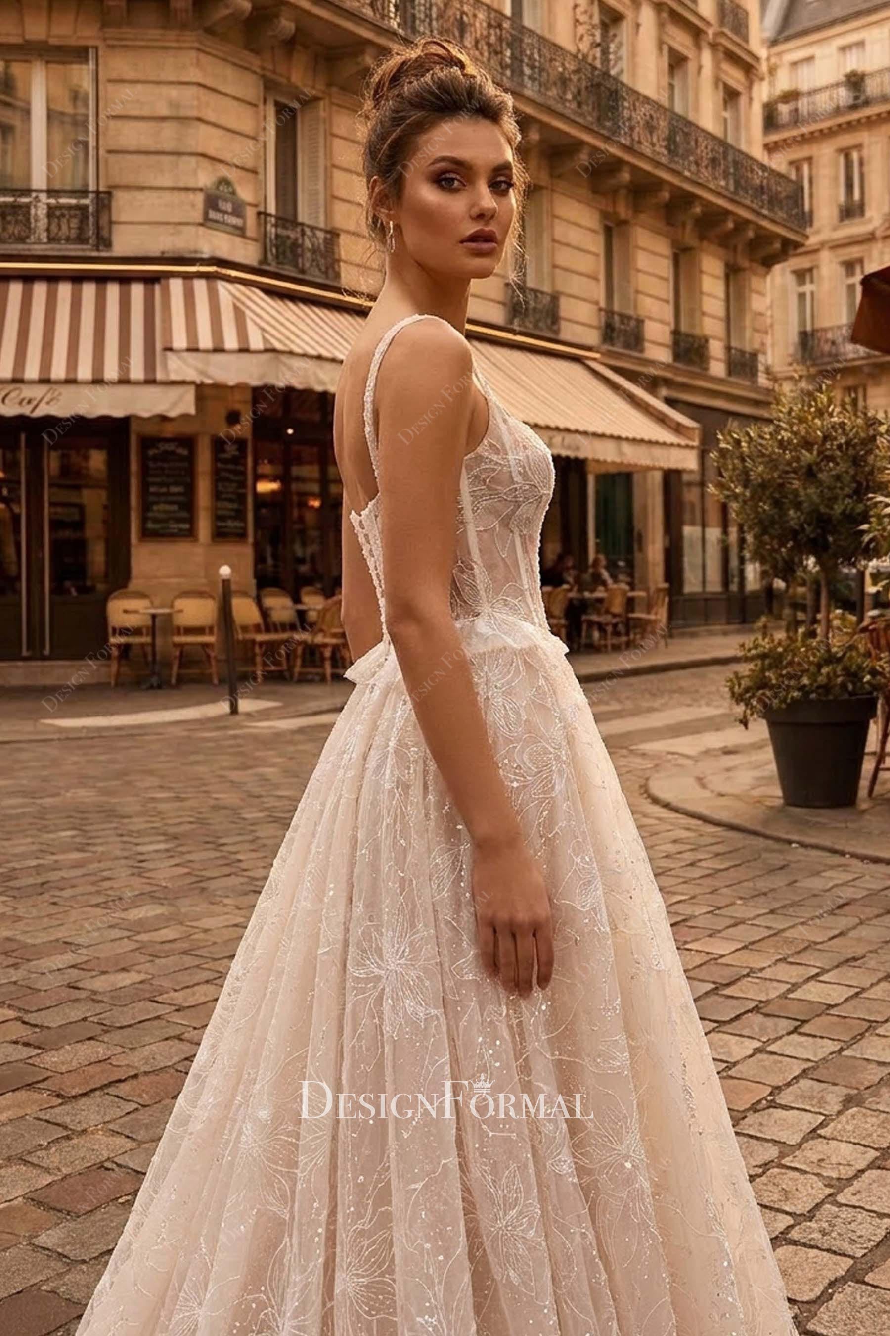 sequin lace visible boning wedding dress