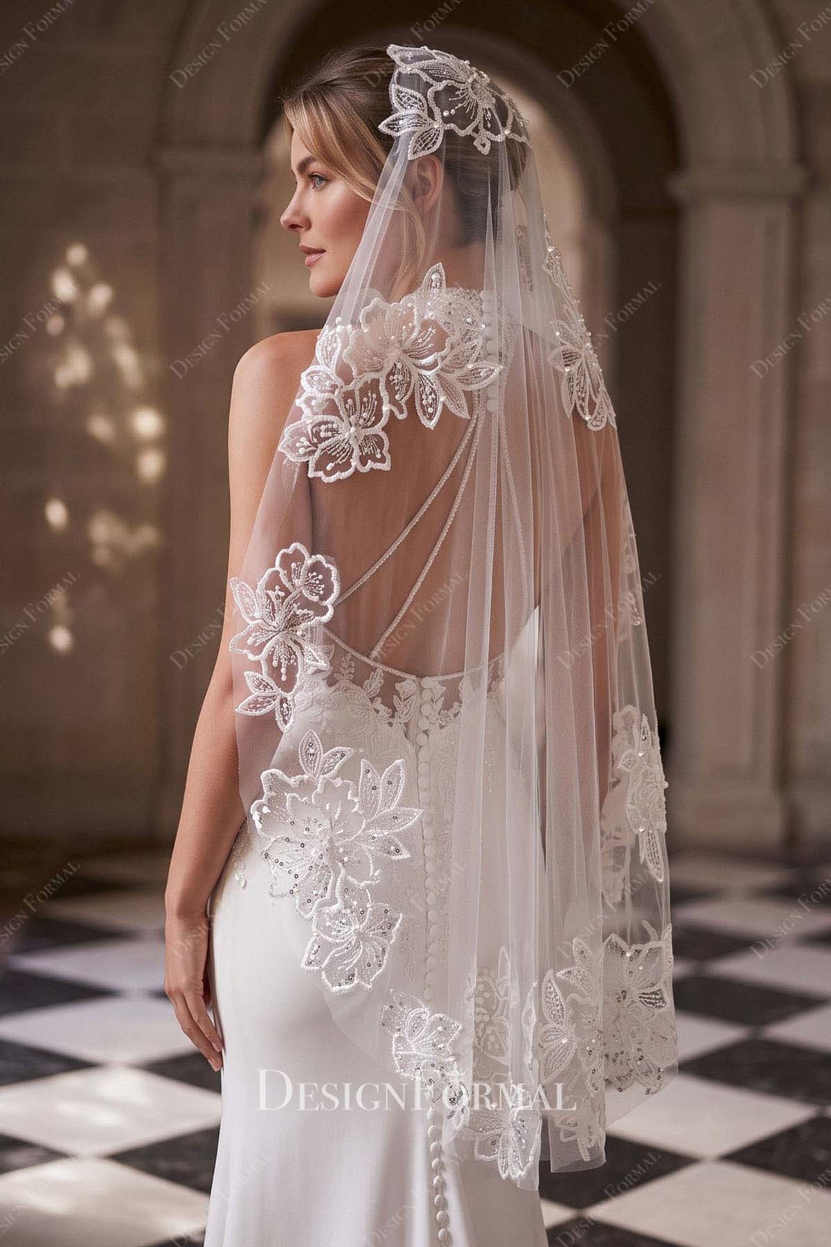sequined flower lace bridal veil