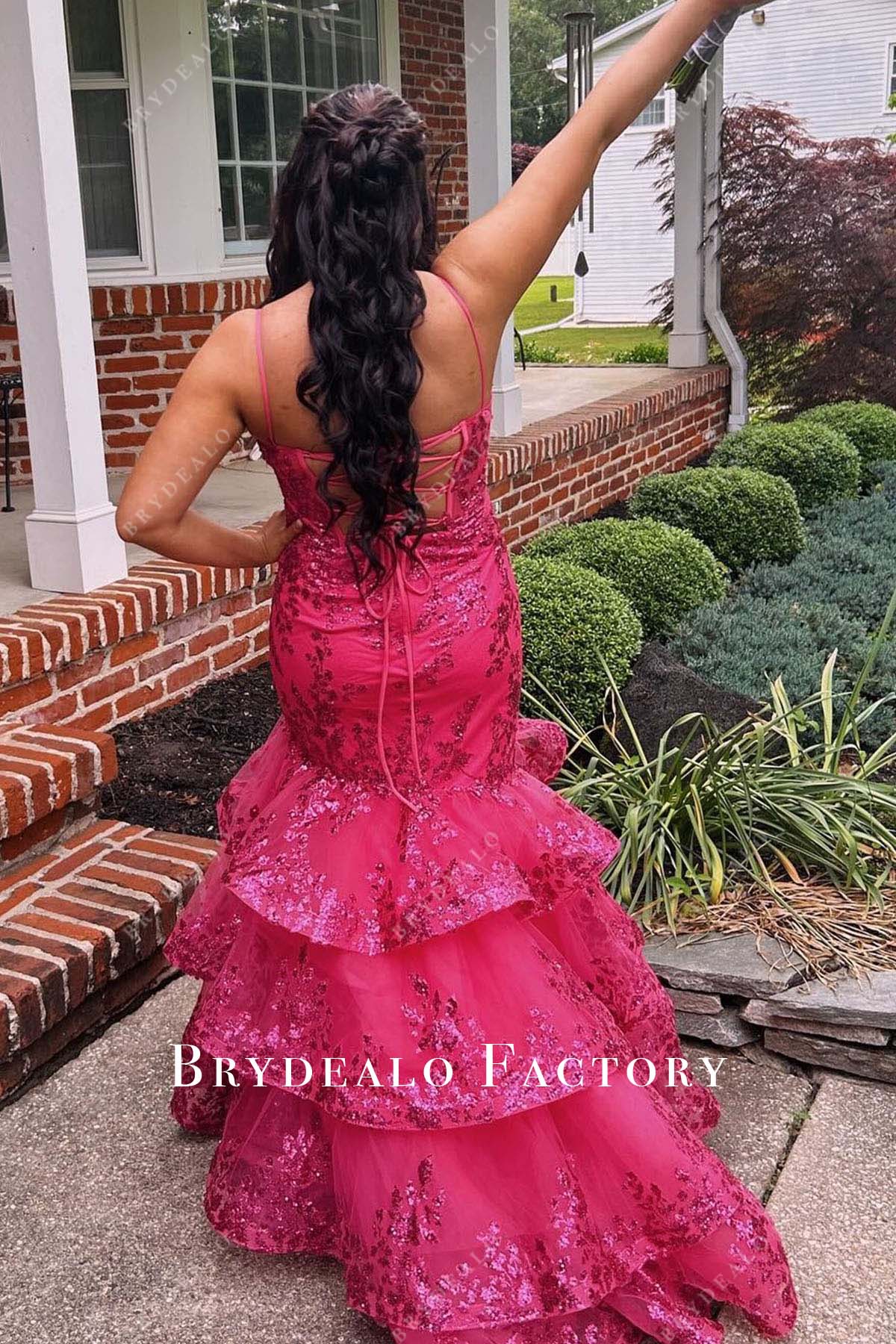 sequined fuchsia lace up back trumpet homecoming dress