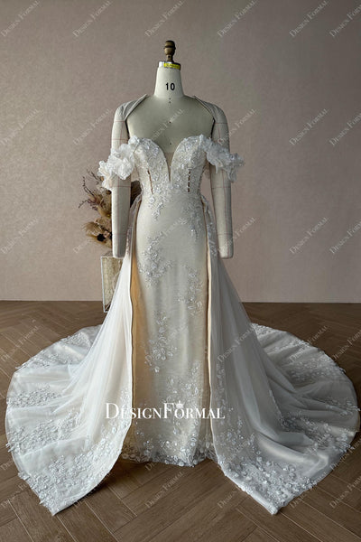 Shimmery Lace Plunging Neck Corset Champagne Overskirt Bridal Dress