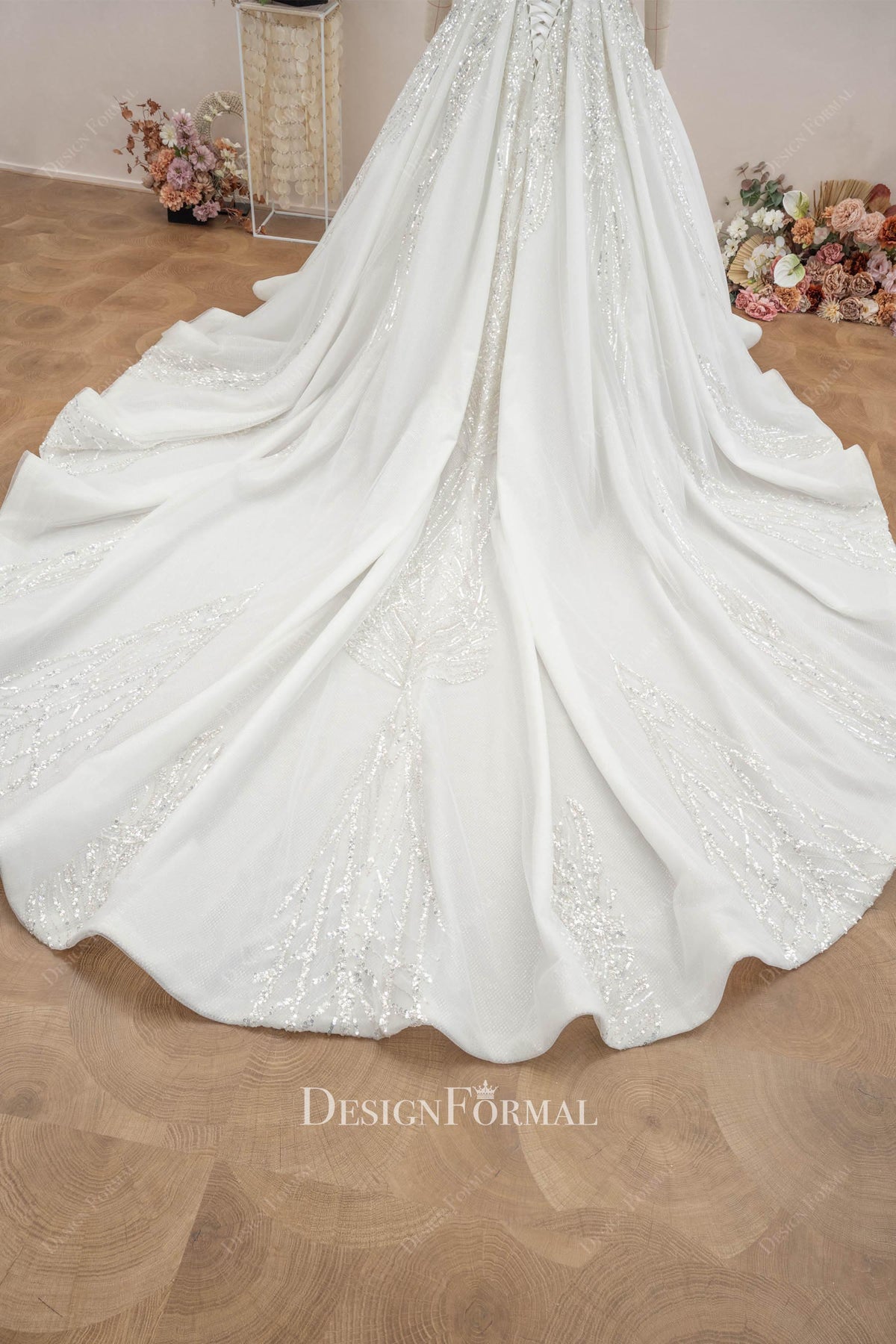 sequined lace long ruffled wedding ballgown