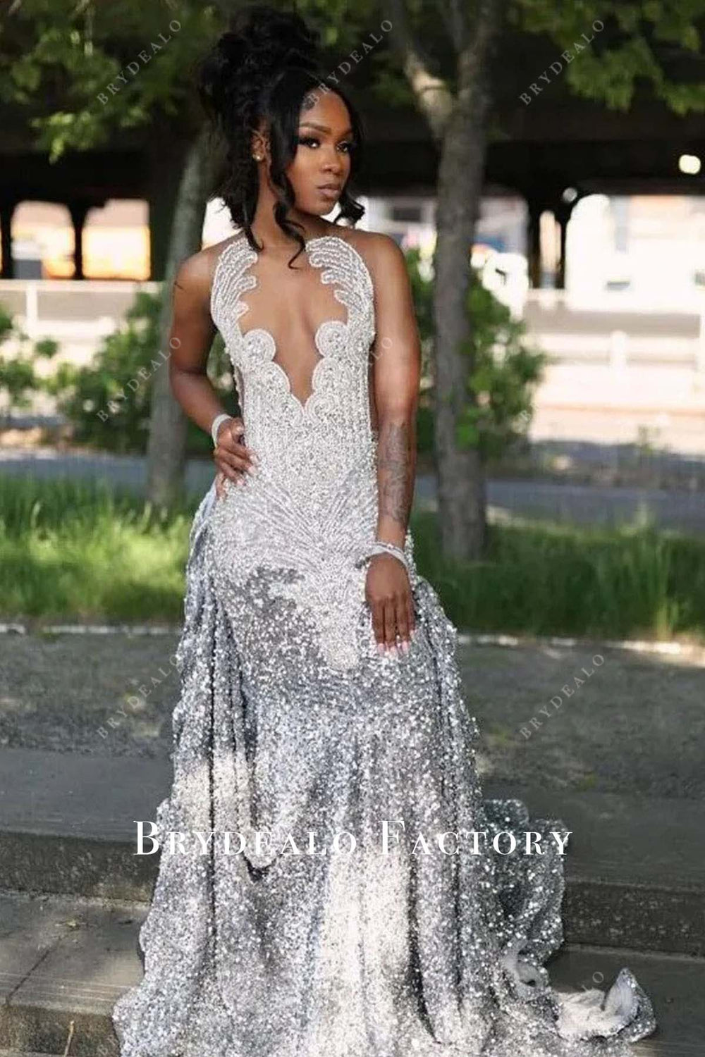 Sliver Rhinestones Sequined Mermaid Long Train Prom Dress