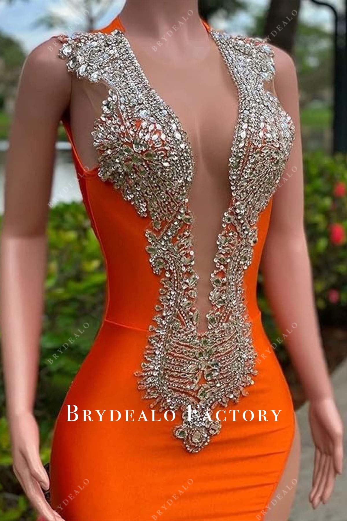 sexy plunging neck rhinestones sleeveless prom dress