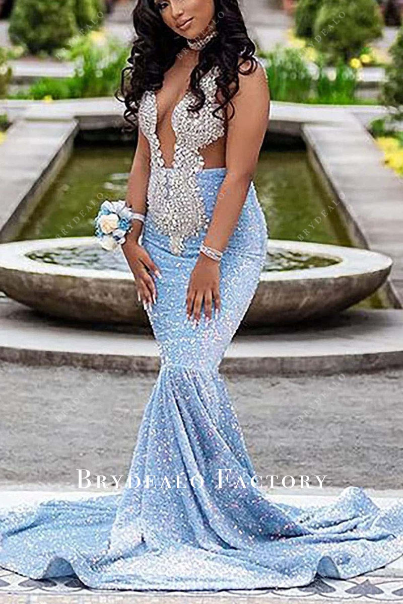 Luxury high neck sleeveless mermaid sequined prom dresses rhinestones main image 1