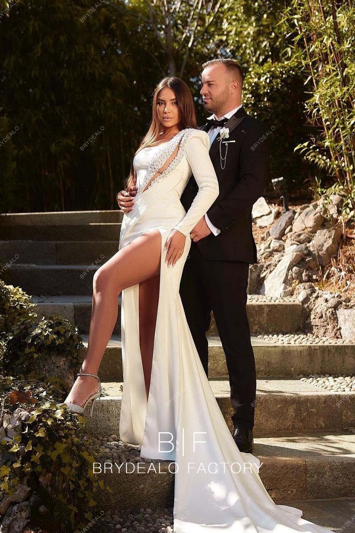 One Sleeve Sexy Slit Satin Mermaid Custom Wedding Dress