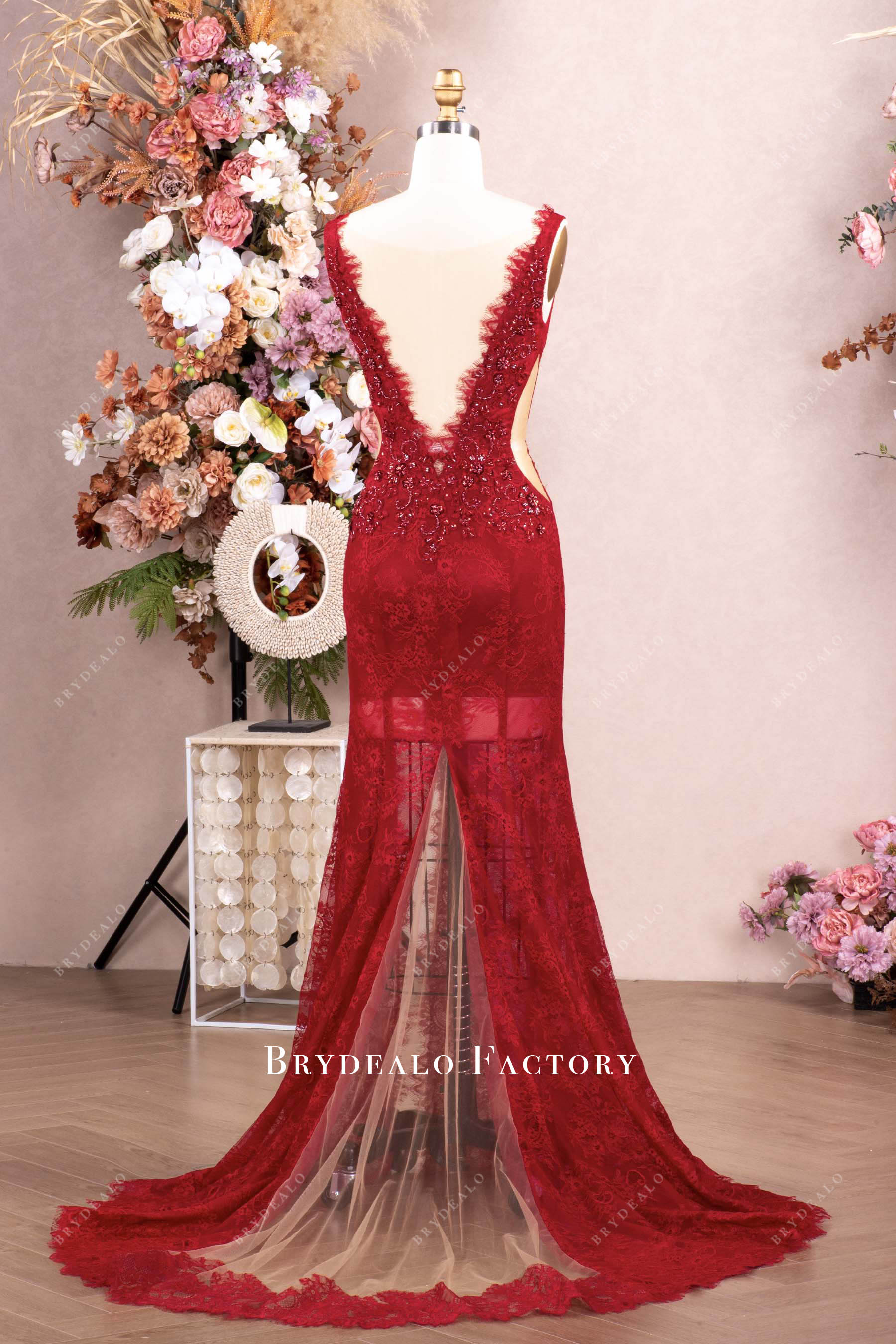 sexy v-back illusion godet prom dress