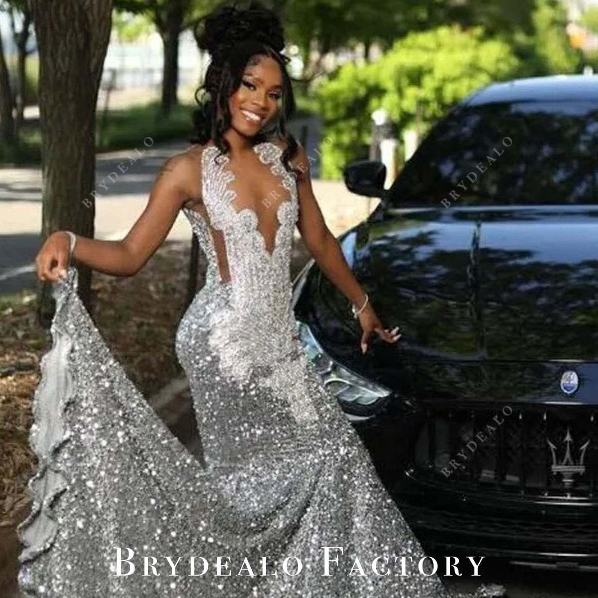 Sliver Rhinestones Sequined Mermaid Long Train Prom Dress Sliver Rhinestones Sequined Mermaid Long Train Prom Dress