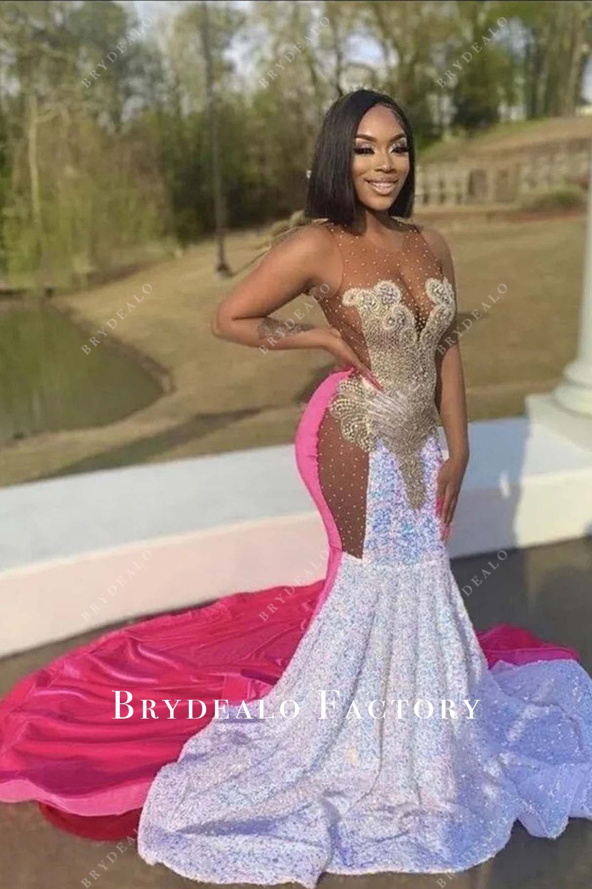 sheer bodice mermaid prom dress