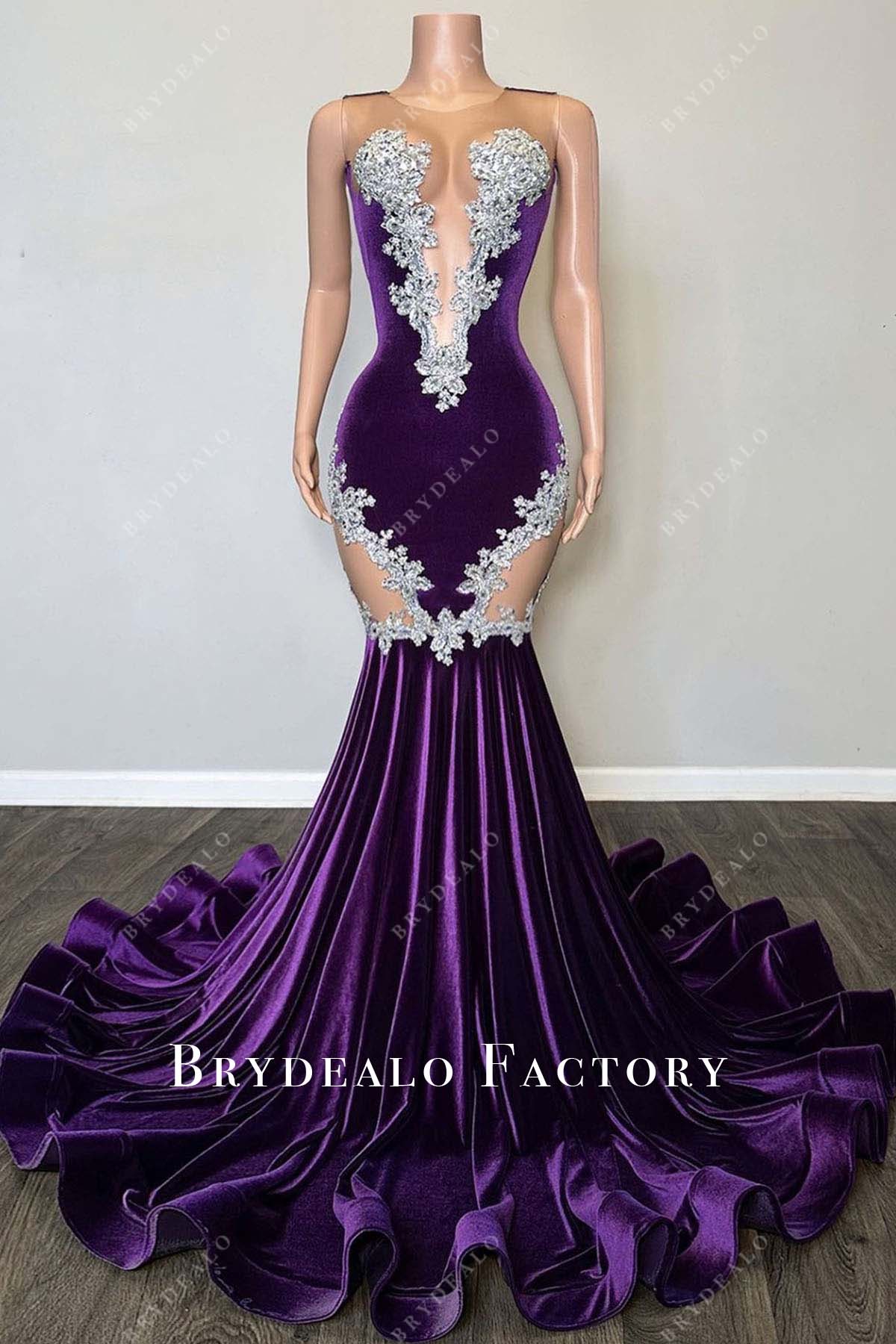 sheer bodice rhinestones grape trumpet prom dress