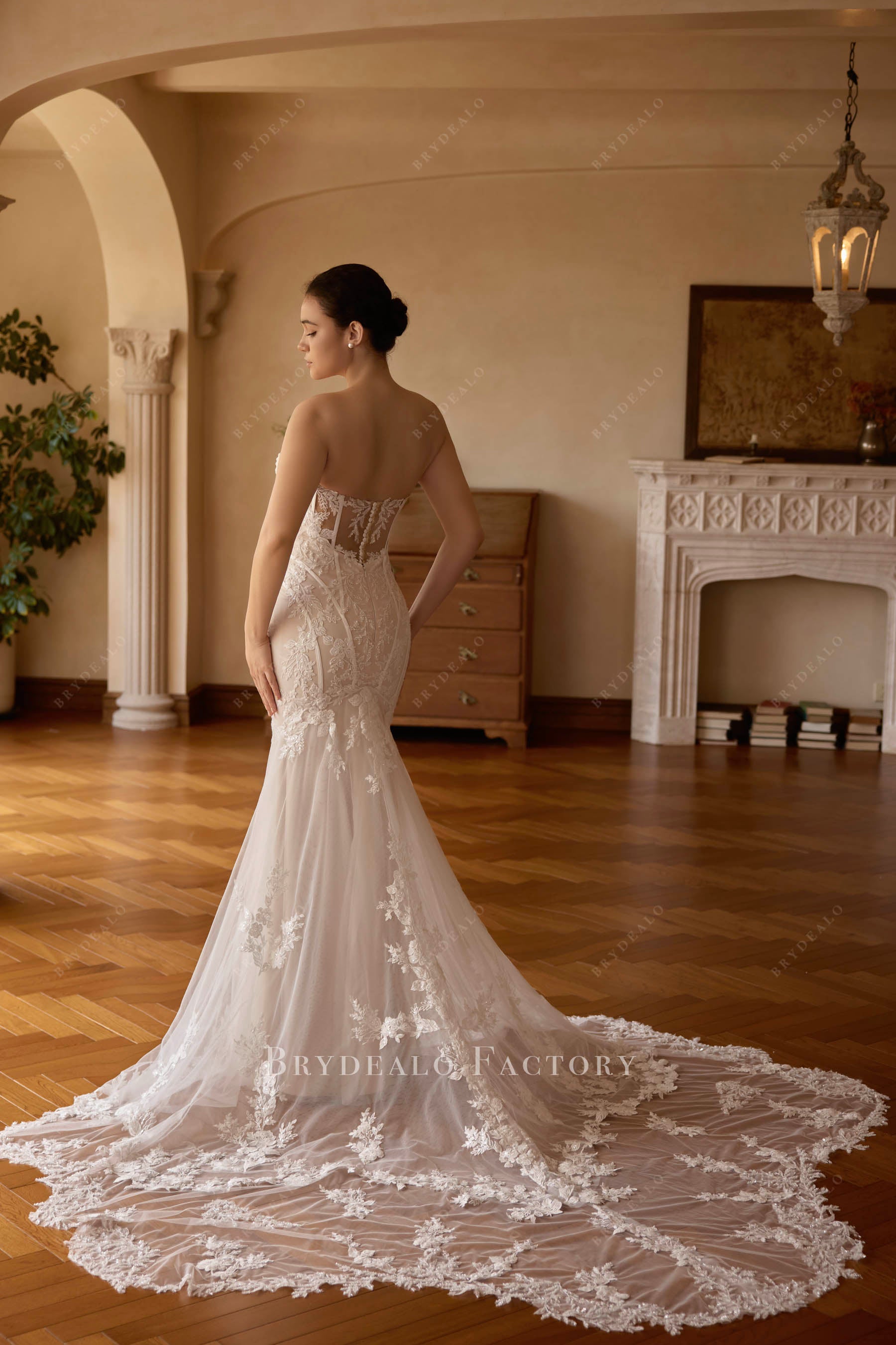 sheer lace chapel train wedding dress