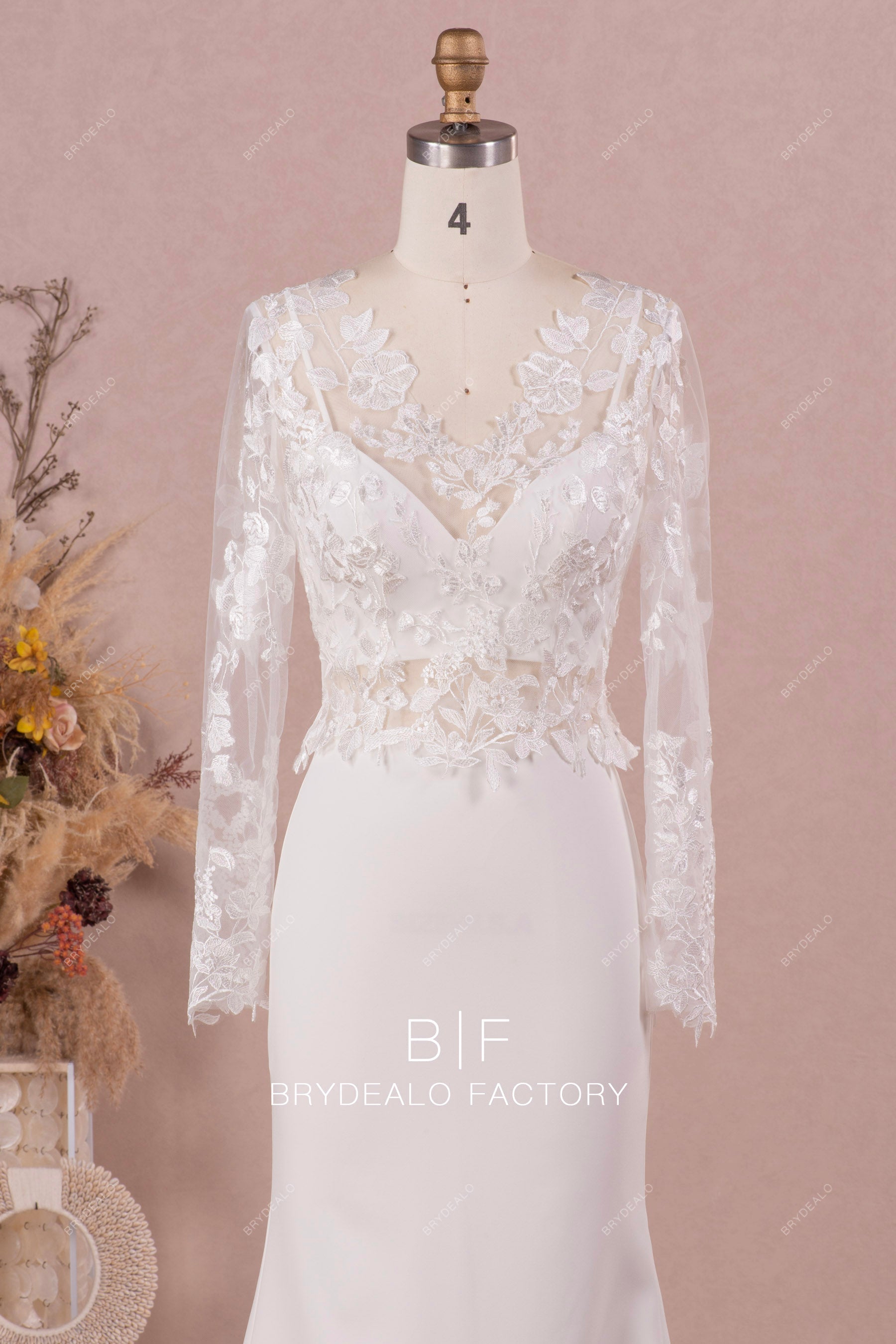 sheer long sleeves two piece wedding gown