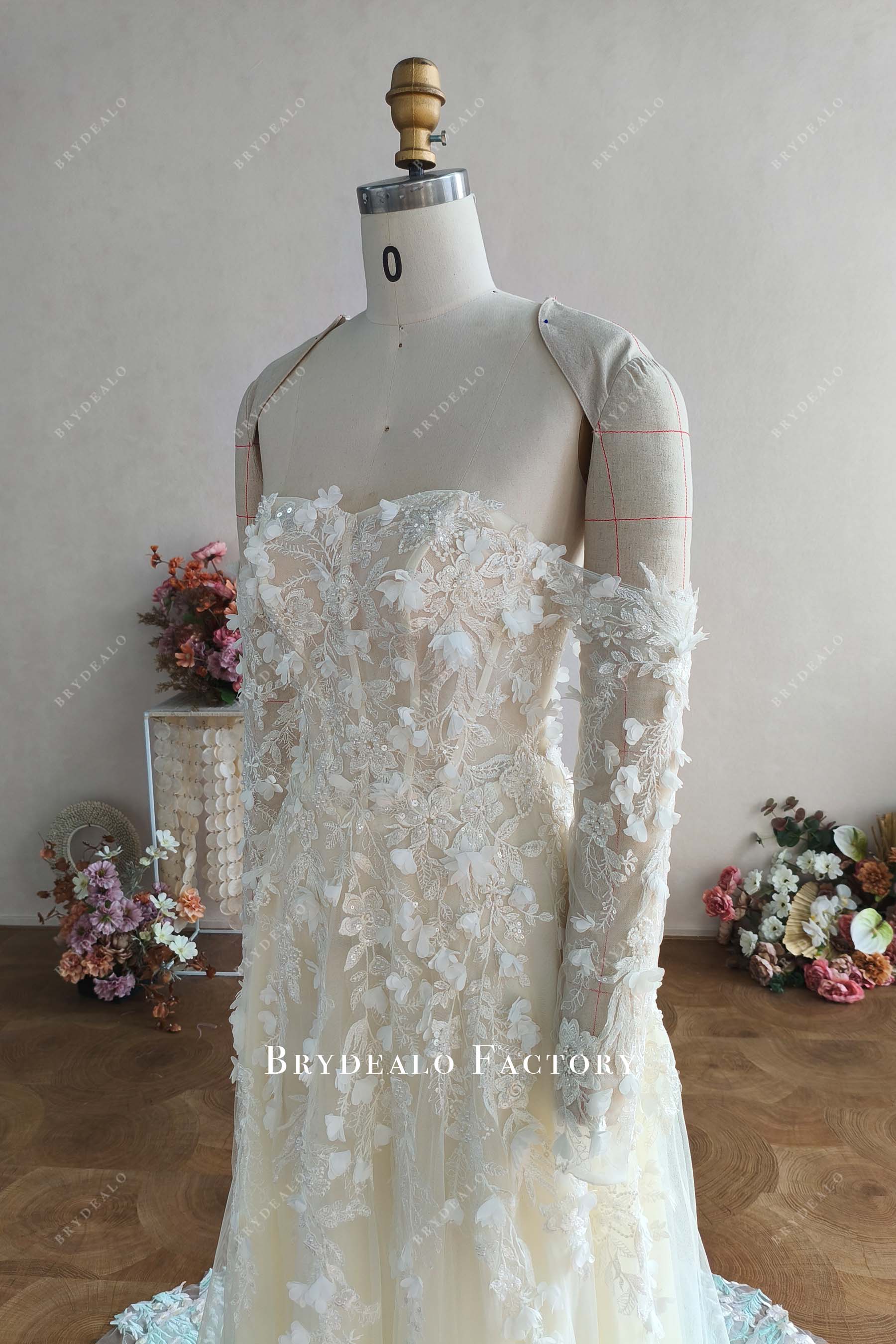 Custom Off Shoulder Wild Lace A-line Wedding Dress