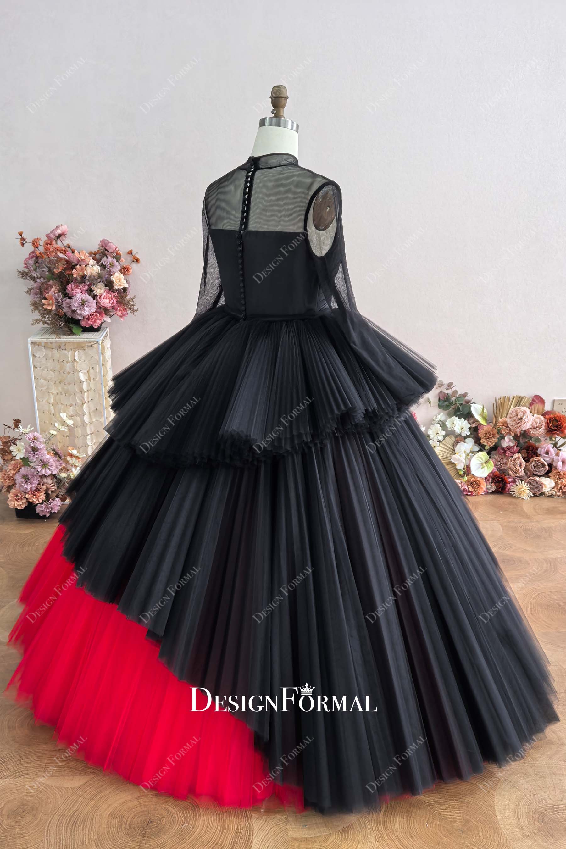 sheer long sleeves tiered ball gown formal dress
