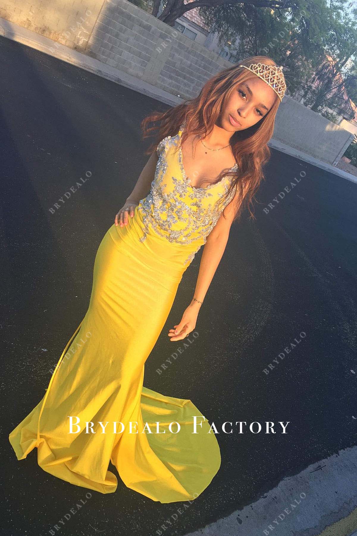 shimmer yellow mermaid prom dress