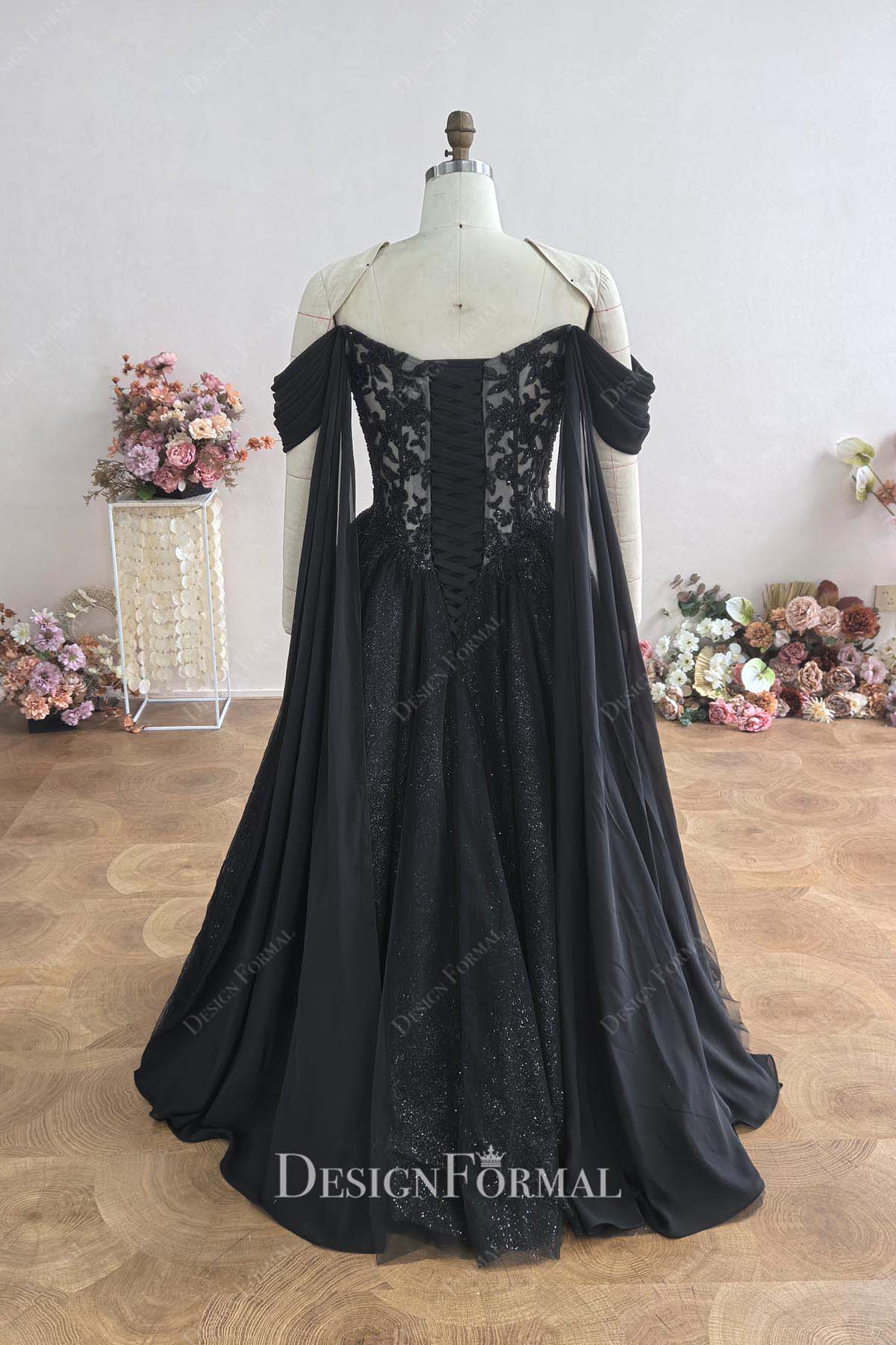 shimmery black chiffon streamer formal dress