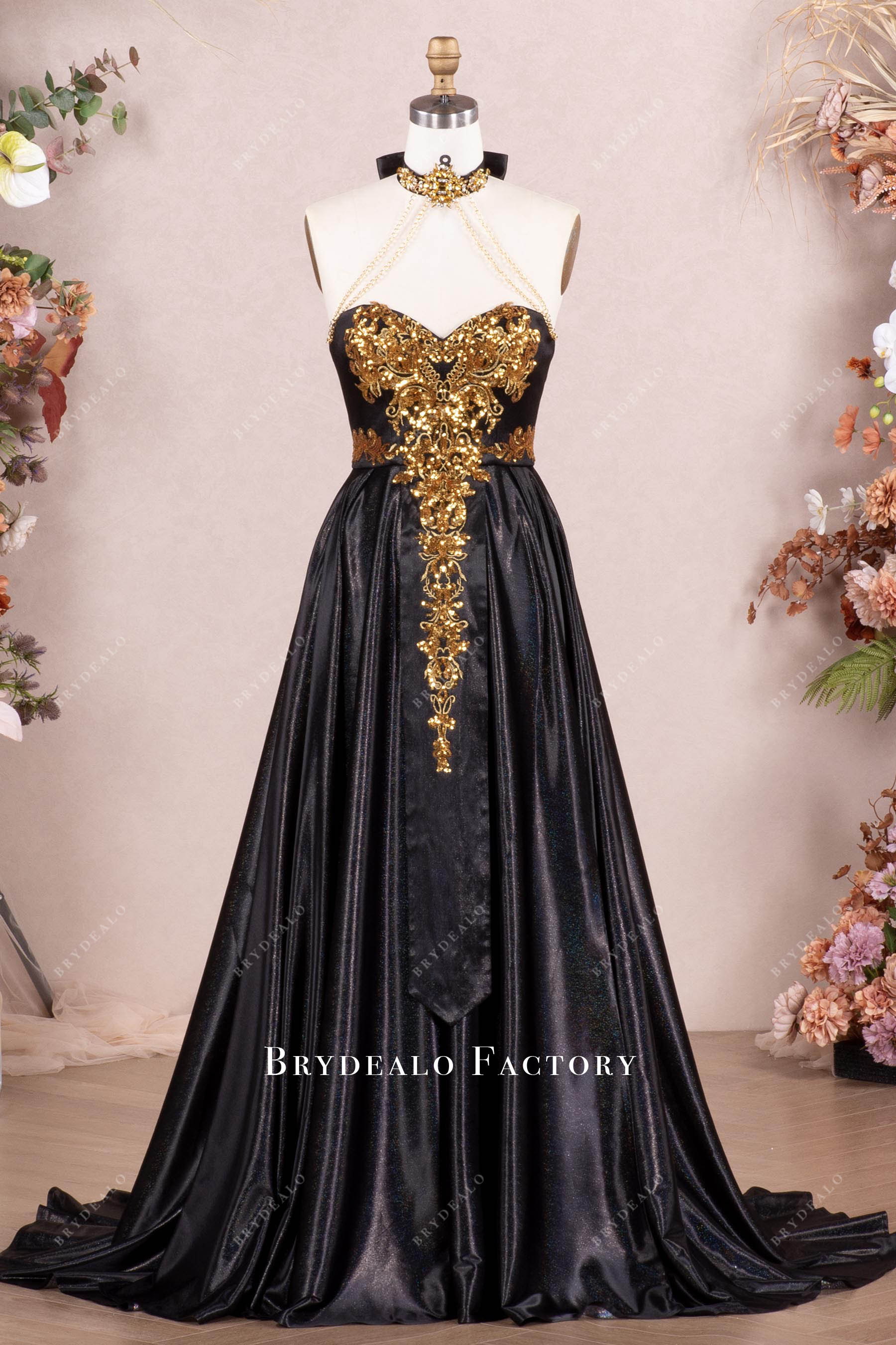 shimmery black gold high slit prom dress