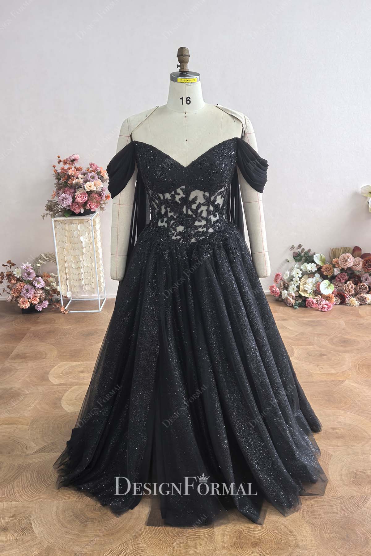 shimmery black off the shoulder formal dress