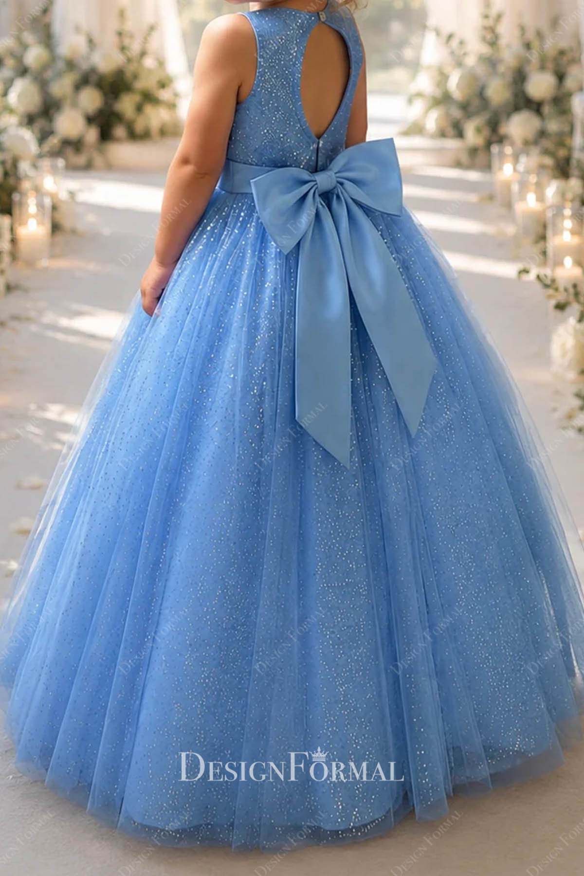 shimmery blue keyhole back flower girl dress