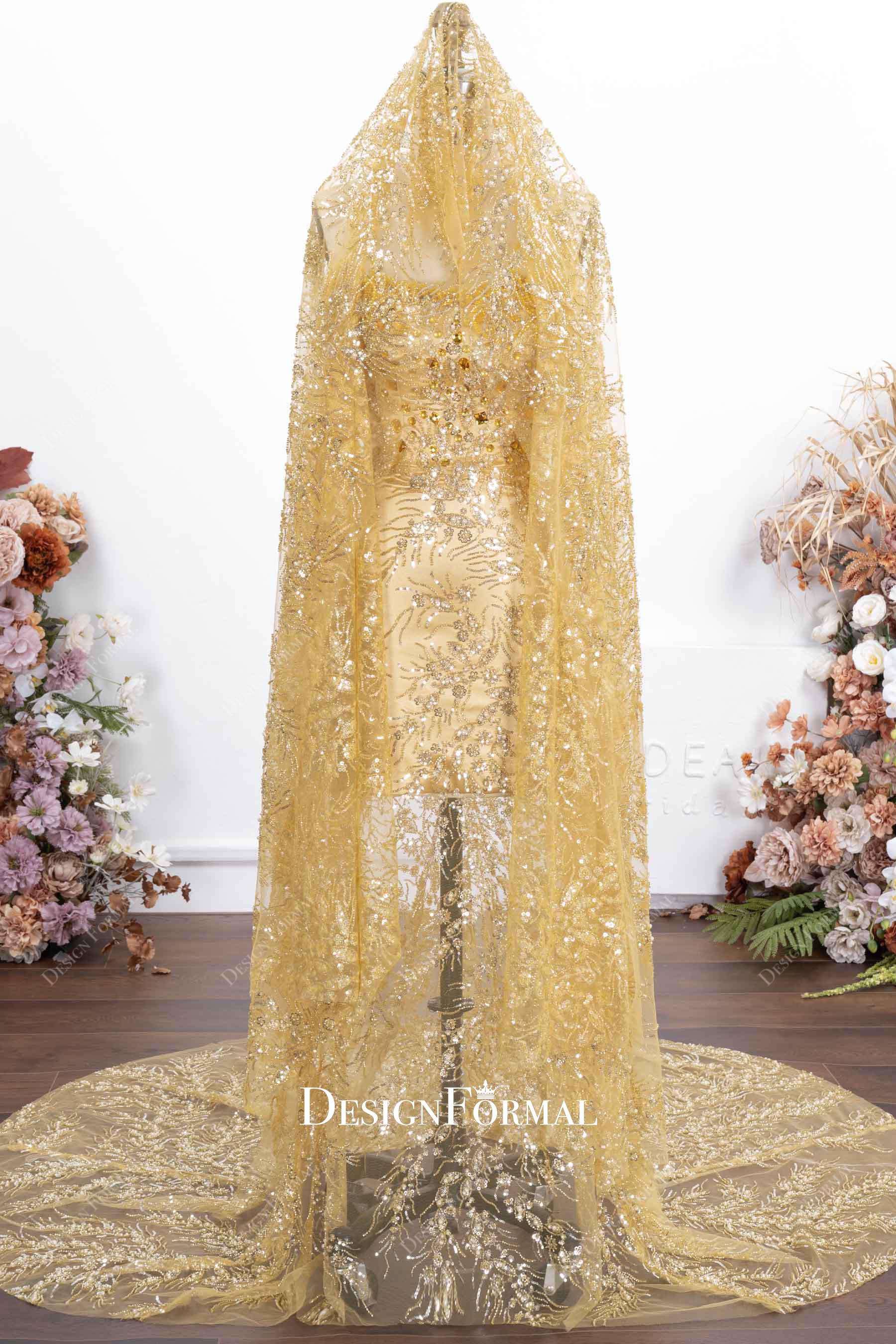 shimmery gold see through headpiece mermaid prom dress